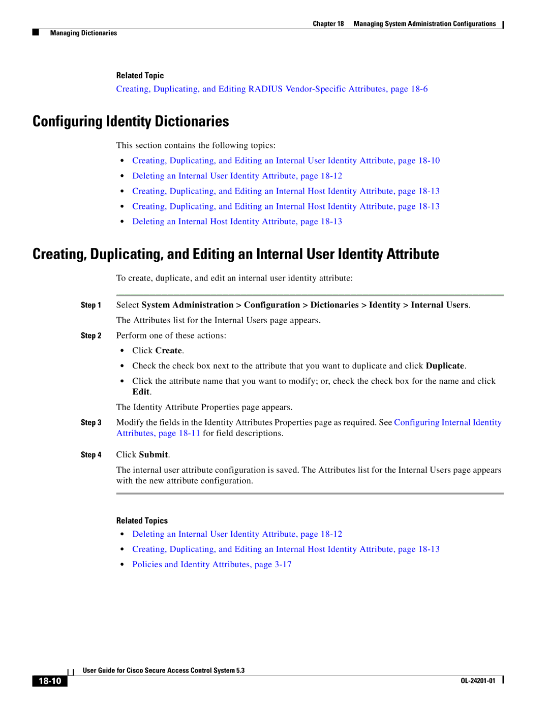 Cisco Systems OL-24201-01 manual Configuring Identity Dictionaries, 18-10 