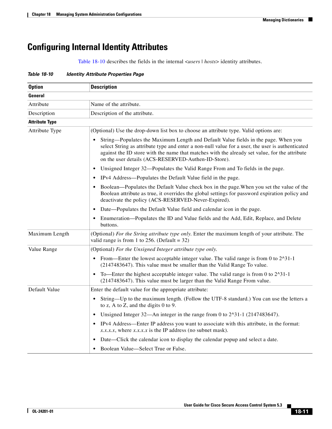 Cisco Systems OL-24201-01 manual Configuring Internal Identity Attributes, 18-11 