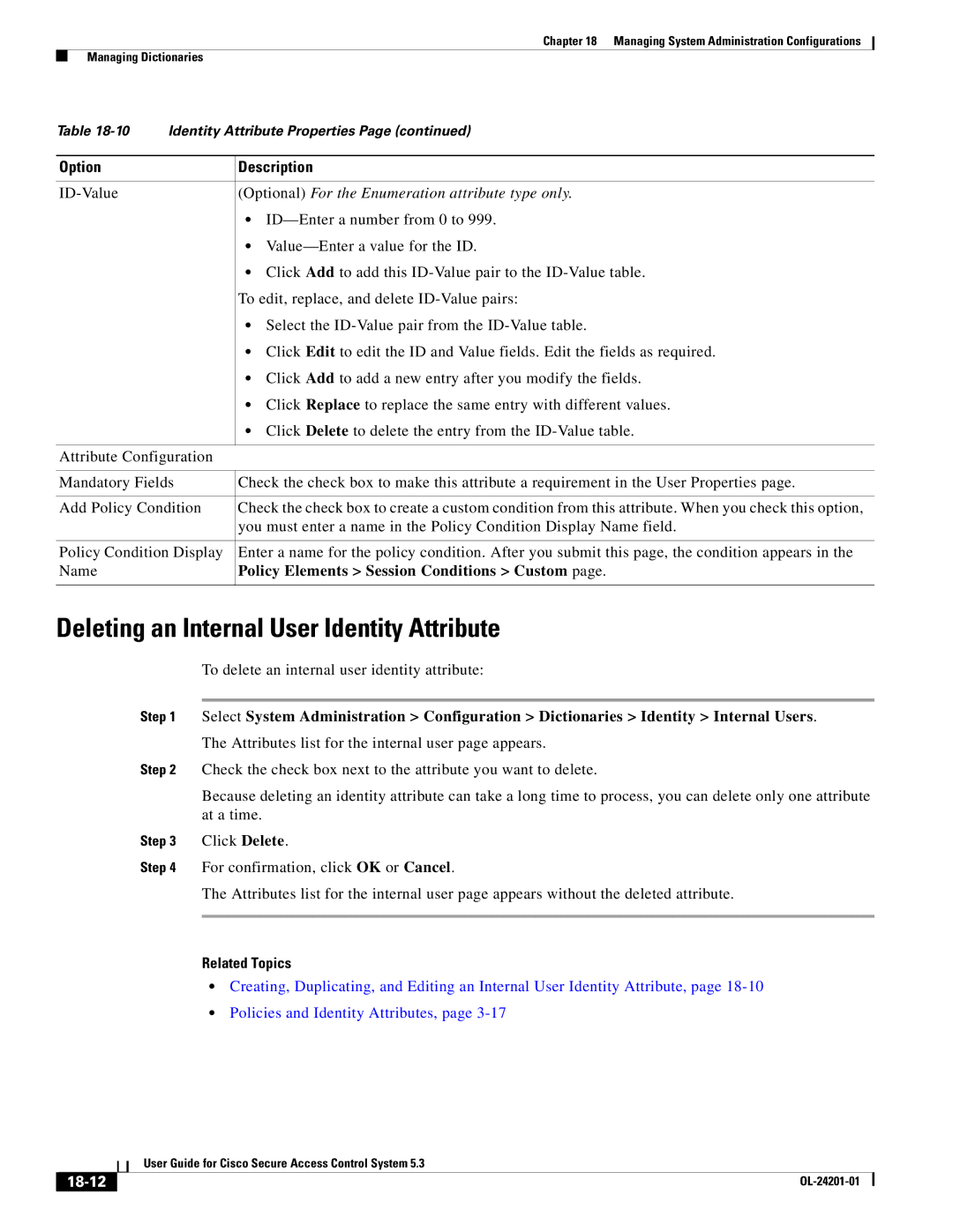 Cisco Systems OL-24201-01 Deleting an Internal User Identity Attribute, Policy Elements Session Conditions Custom, 18-12 