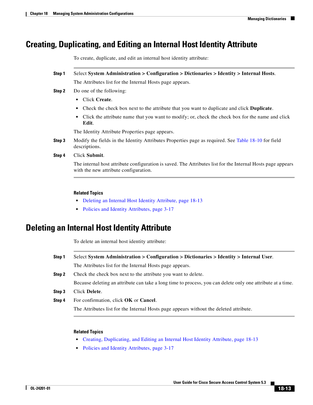 Cisco Systems OL-24201-01 manual Deleting an Internal Host Identity Attribute, 18-13 