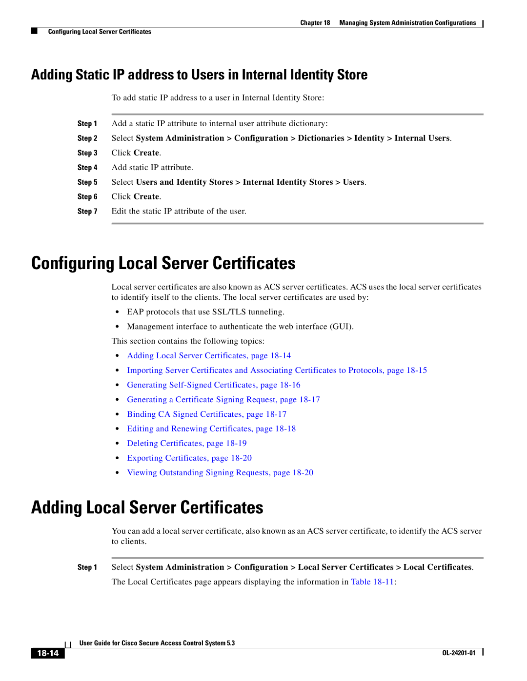 Cisco Systems OL-24201-01 manual Configuring Local Server Certificates, Adding Local Server Certificates, 18-14 