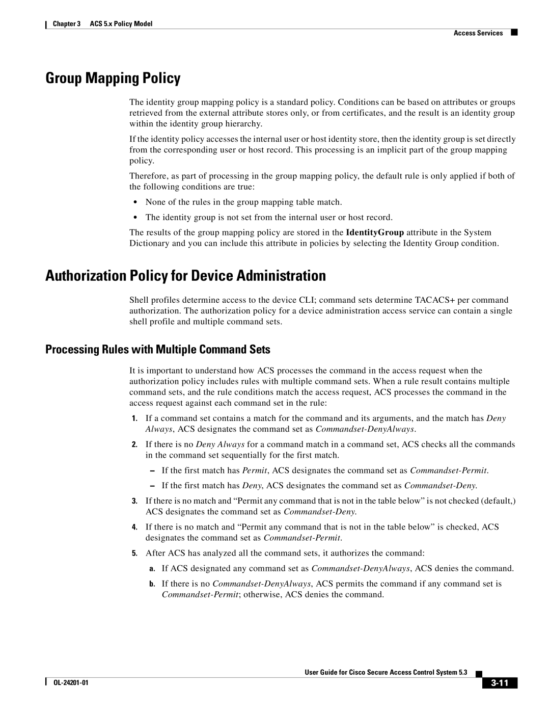 Cisco Systems OL-24201-01 manual Group Mapping Policy, Authorization Policy for Device Administration 