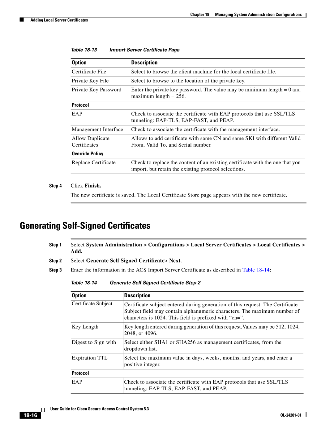 Cisco Systems OL-24201-01 Generating Self-Signed Certificates, Eap, Select Generate Self Signed Certificate Next, 18-16 