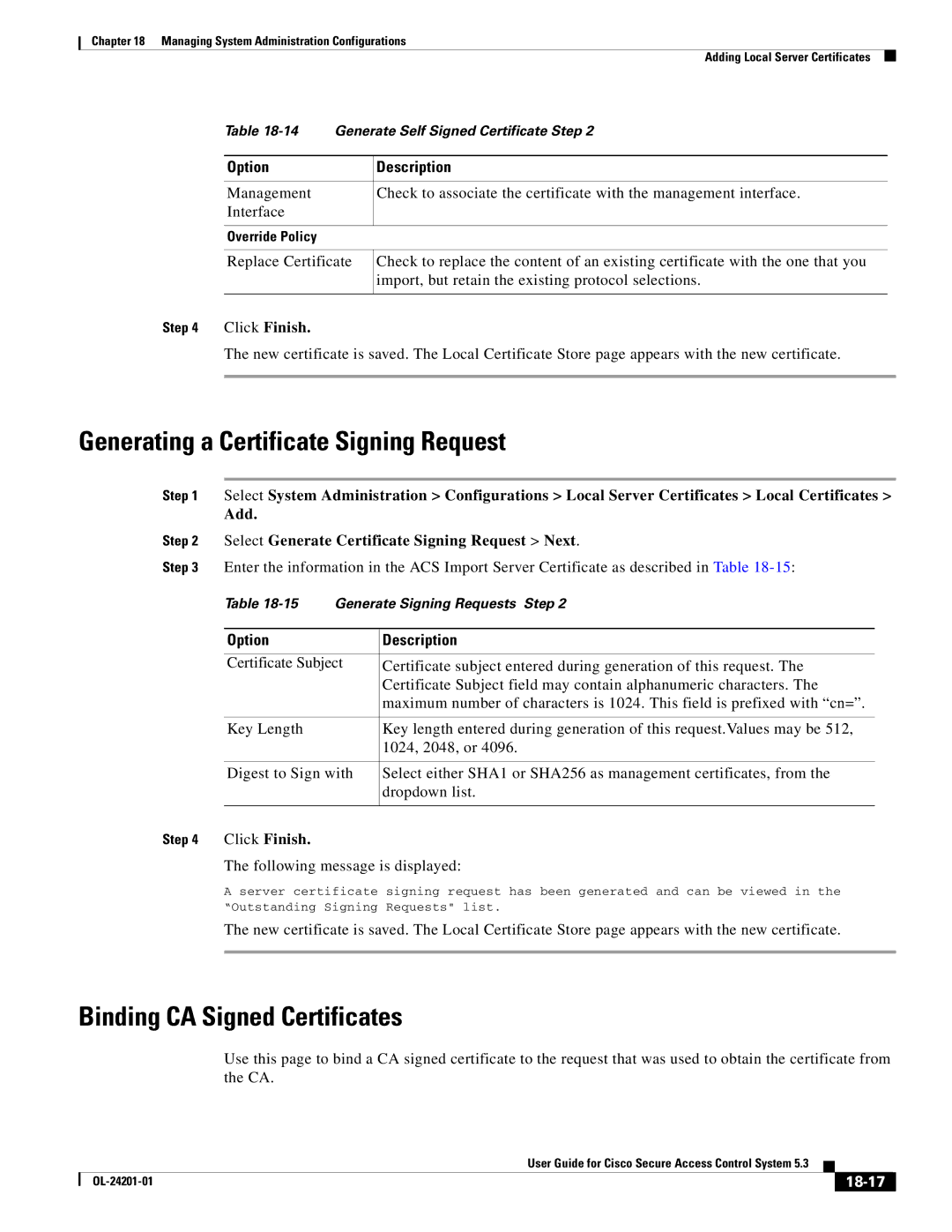 Cisco Systems OL-24201-01 Generating a Certificate Signing Request, Binding CA Signed Certificates, Click Finish, 18-17 