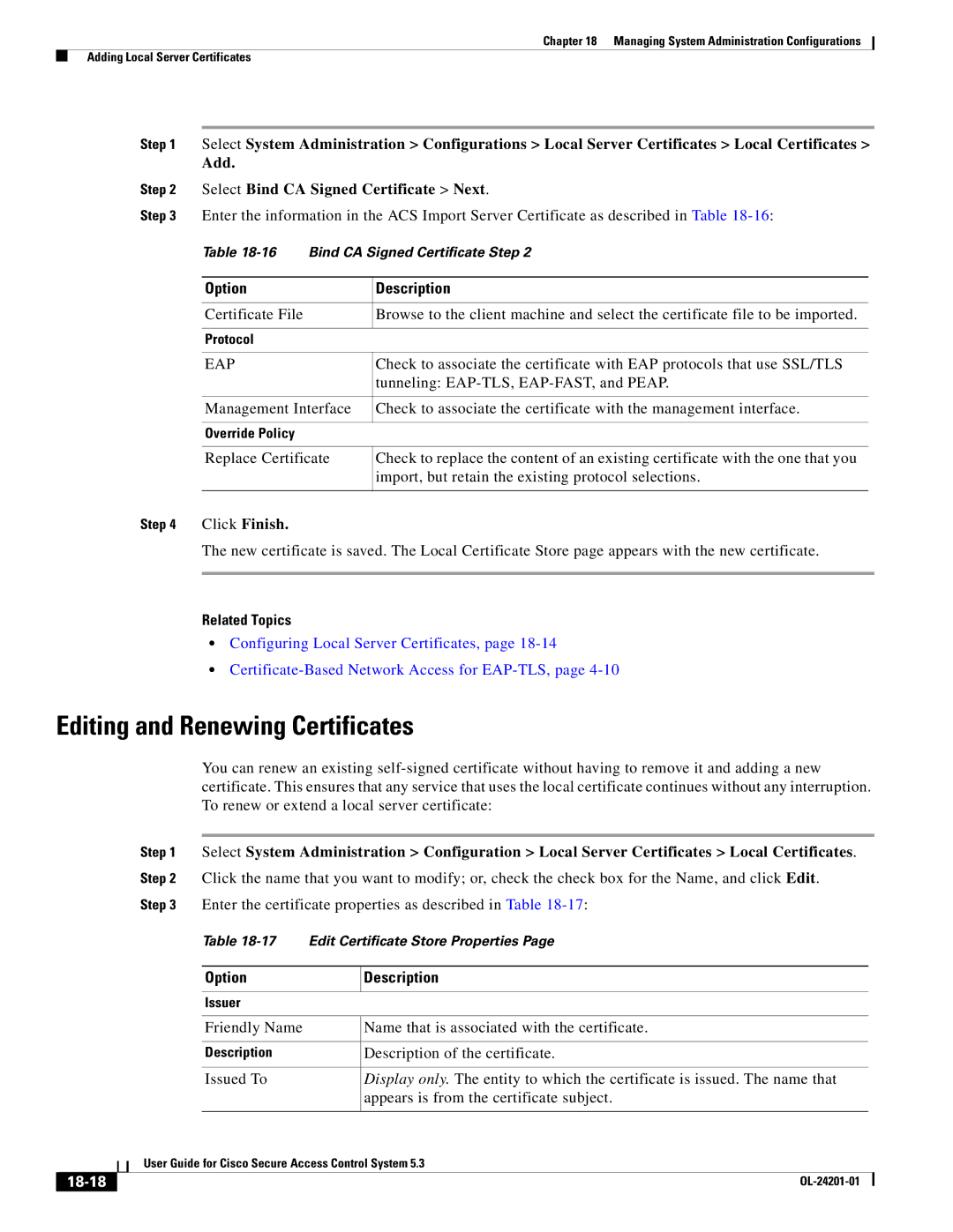 Cisco Systems OL-24201-01 manual Editing and Renewing Certificates, Select Bind CA Signed Certificate Next, 18-18 