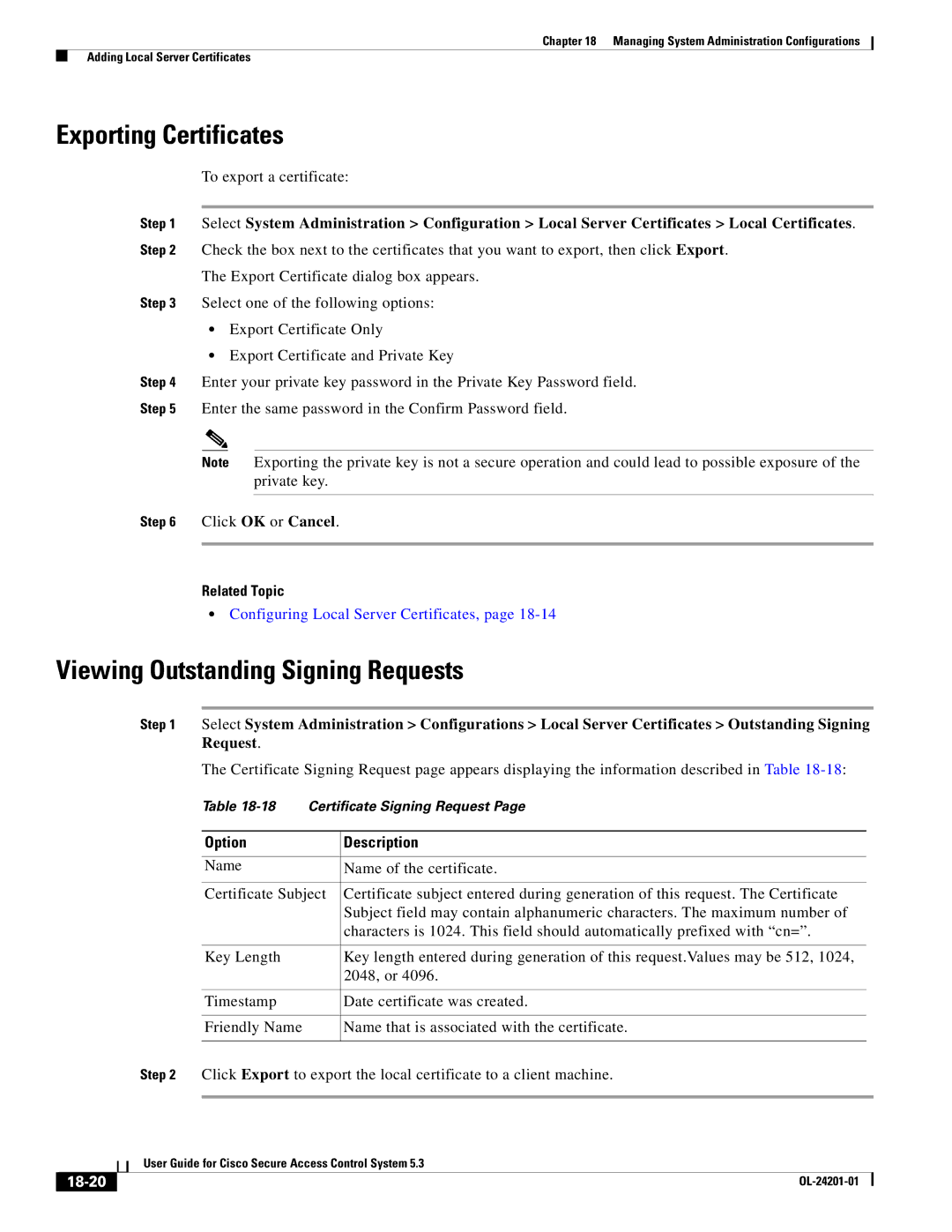 Cisco Systems OL-24201-01 manual Exporting Certificates, Viewing Outstanding Signing Requests, 18-20 