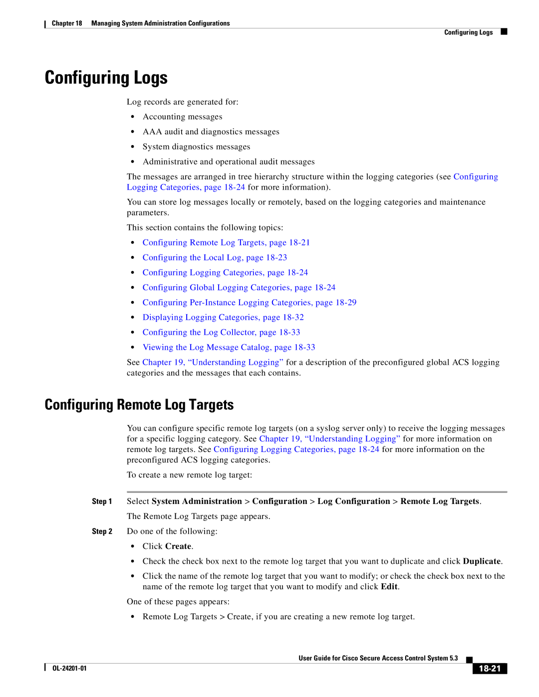 Cisco Systems OL-24201-01 manual Configuring Logs, Configuring Remote Log Targets, 18-21 