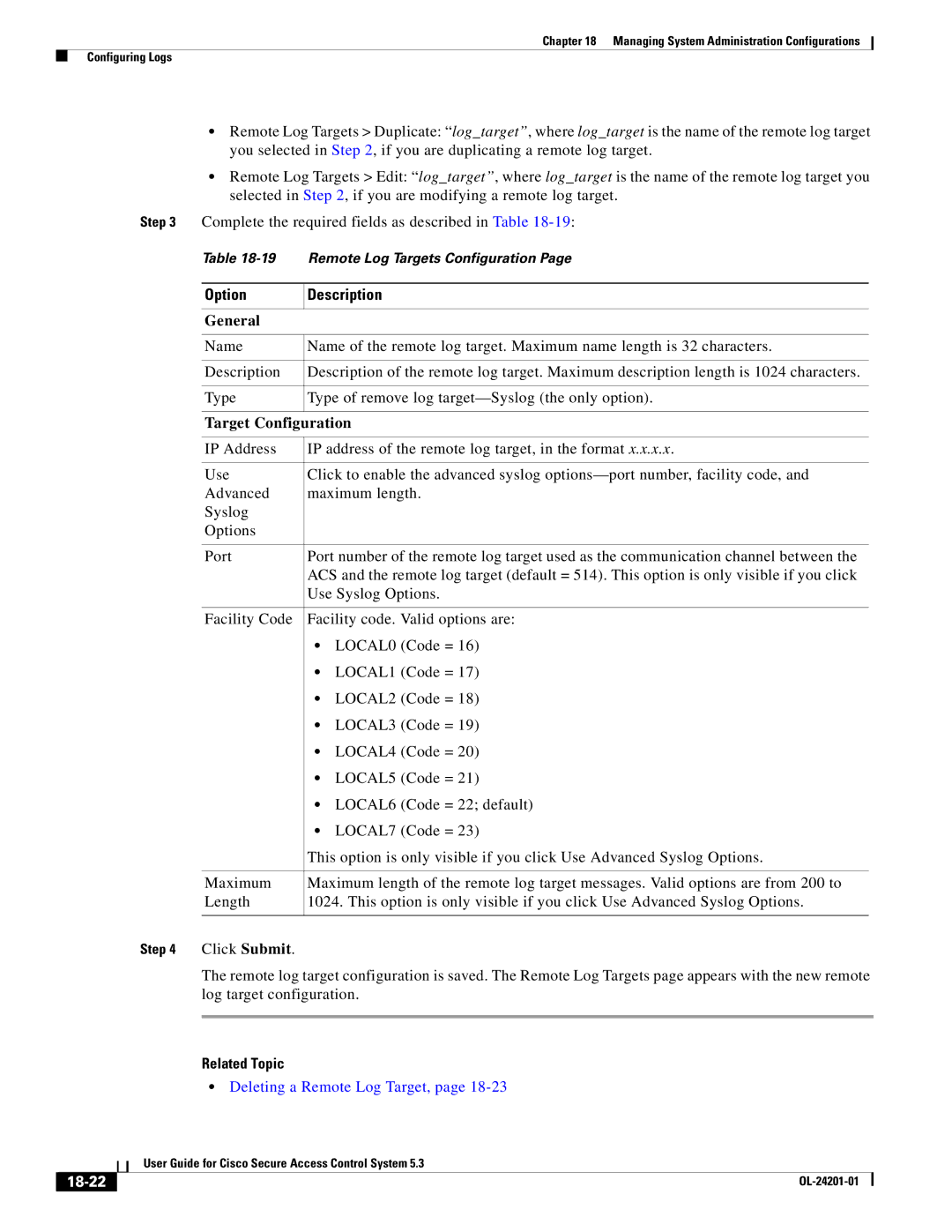 Cisco Systems OL-24201-01 manual General, Target Configuration, Deleting a Remote Log Target, 18-22 