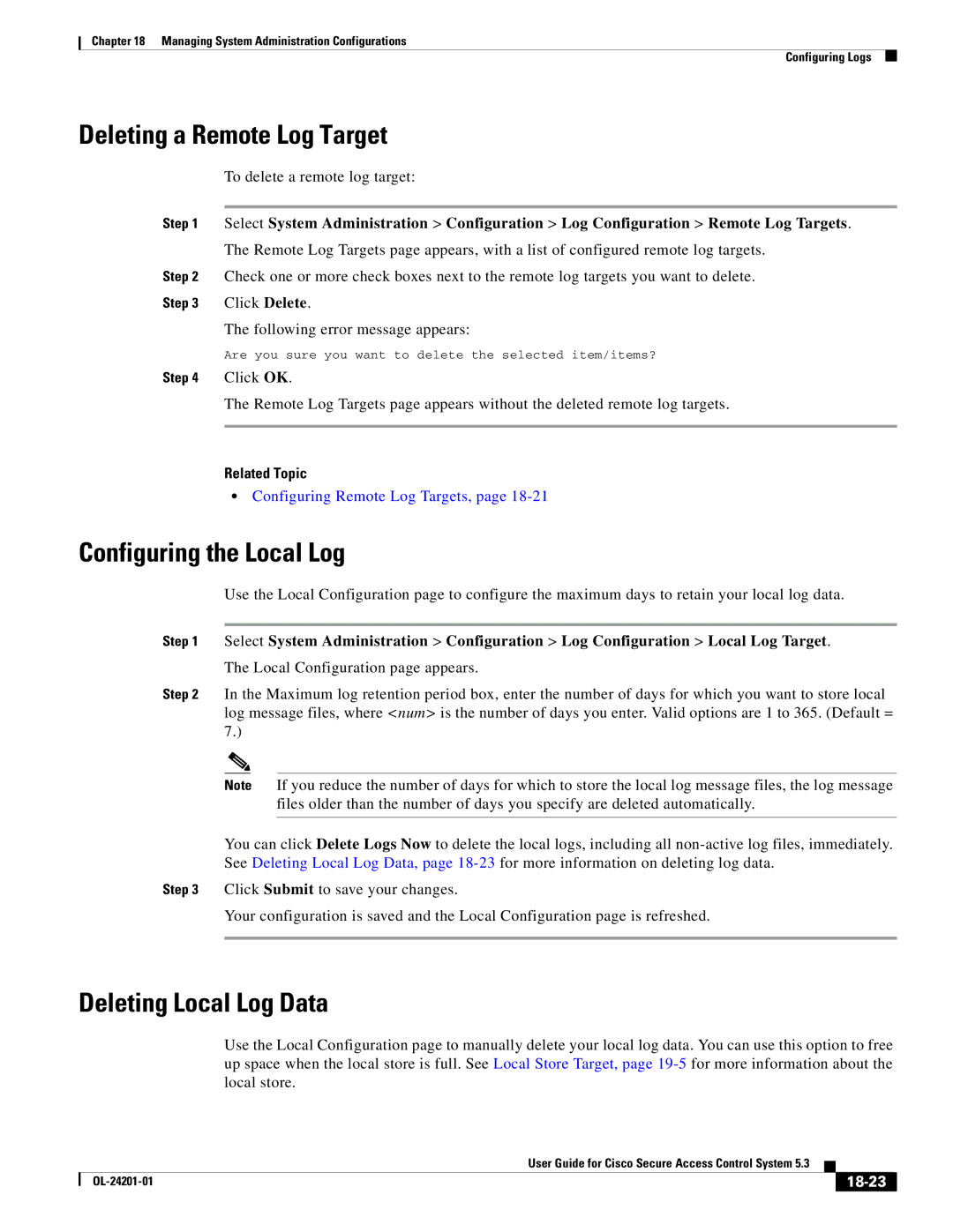 Cisco Systems OL-24201-01 manual Deleting a Remote Log Target, Configuring the Local Log, Deleting Local Log Data, 18-23 