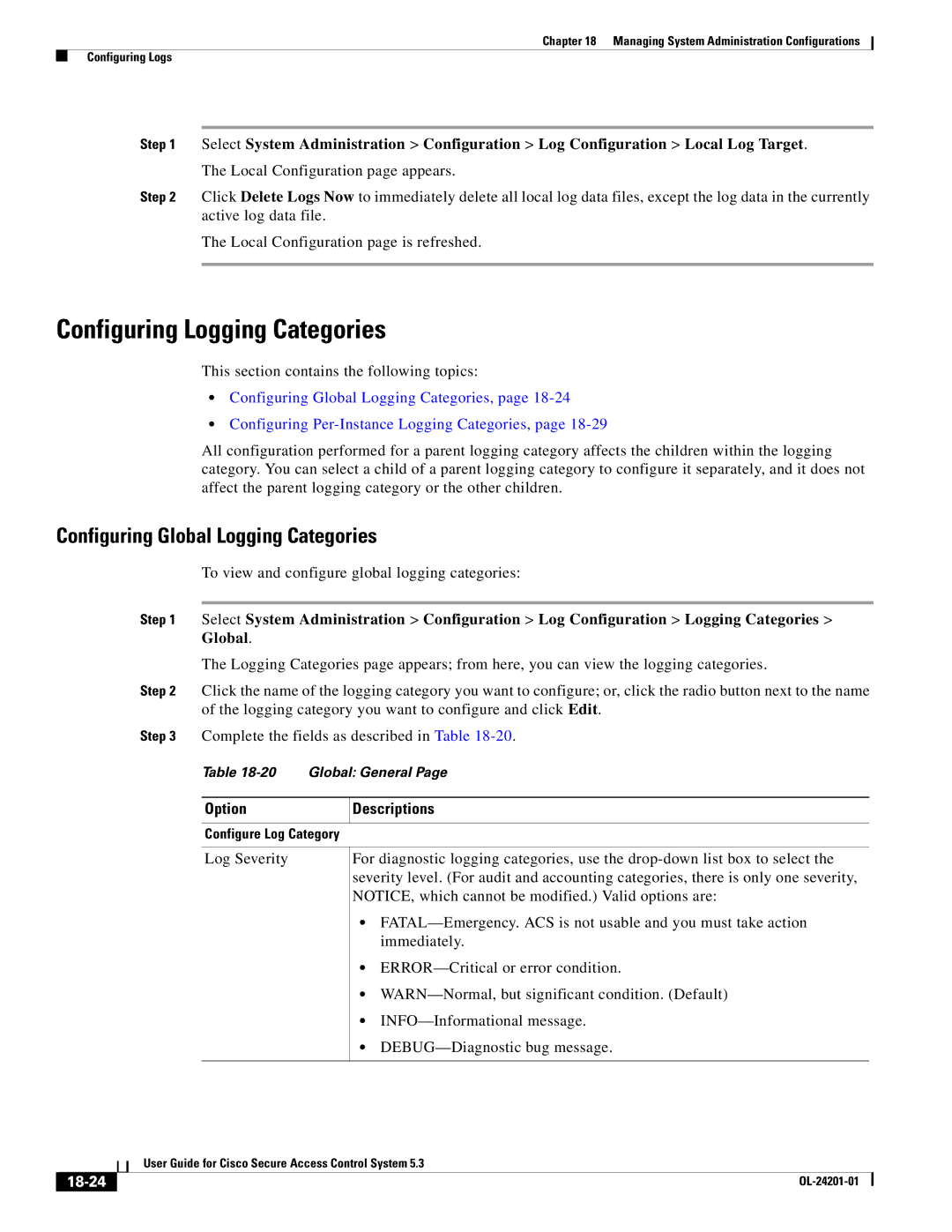 Cisco Systems OL-24201-01 manual Configuring Logging Categories, Configuring Global Logging Categories, Option Descriptions 