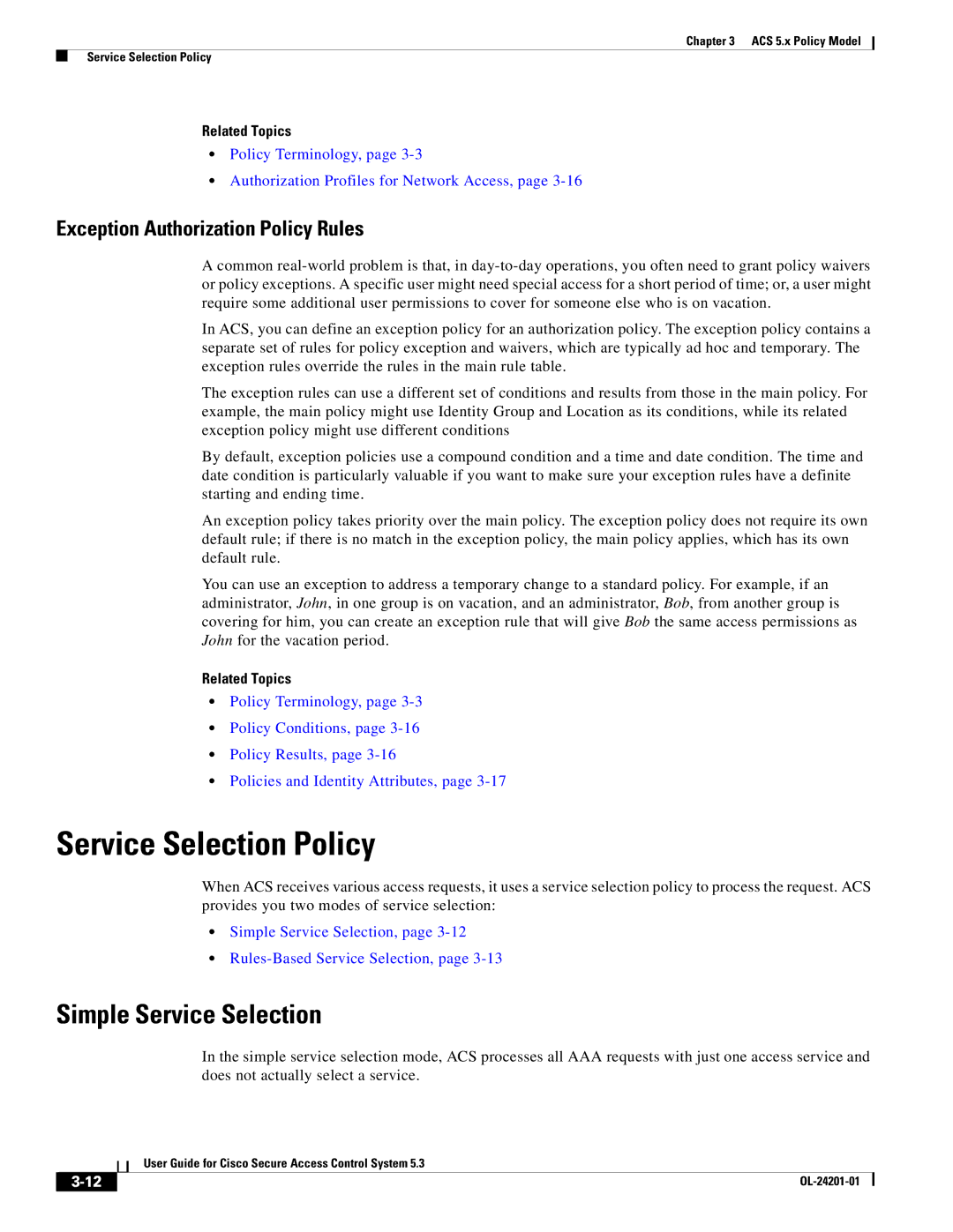 Cisco Systems OL-24201-01 manual Service Selection Policy, Simple Service Selection, Exception Authorization Policy Rules 