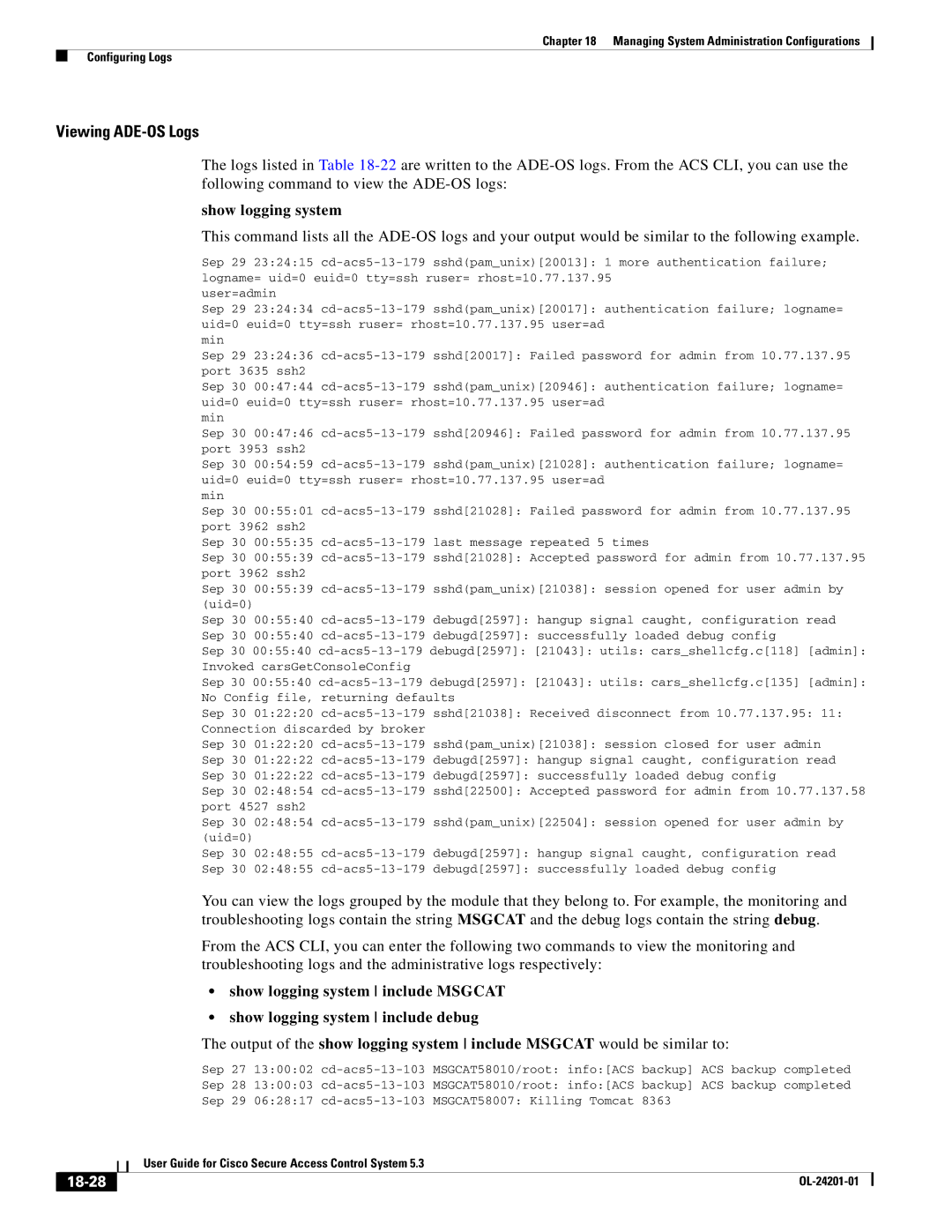 Cisco Systems OL-24201-01 manual Show logging system, 18-28 