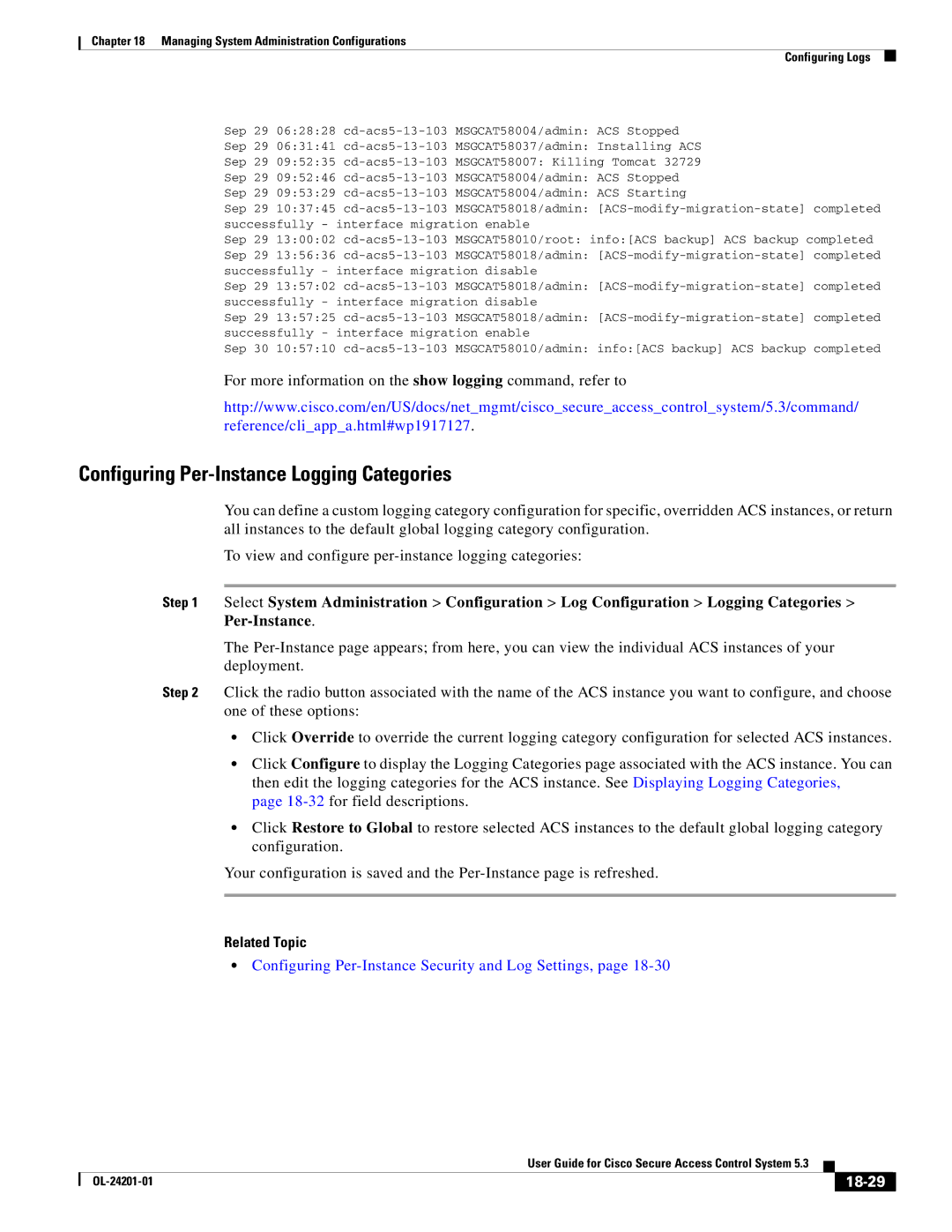 Cisco Systems OL-24201-01 Configuring Per-Instance Logging Categories, Configuring Per-Instance Security and Log Settings 