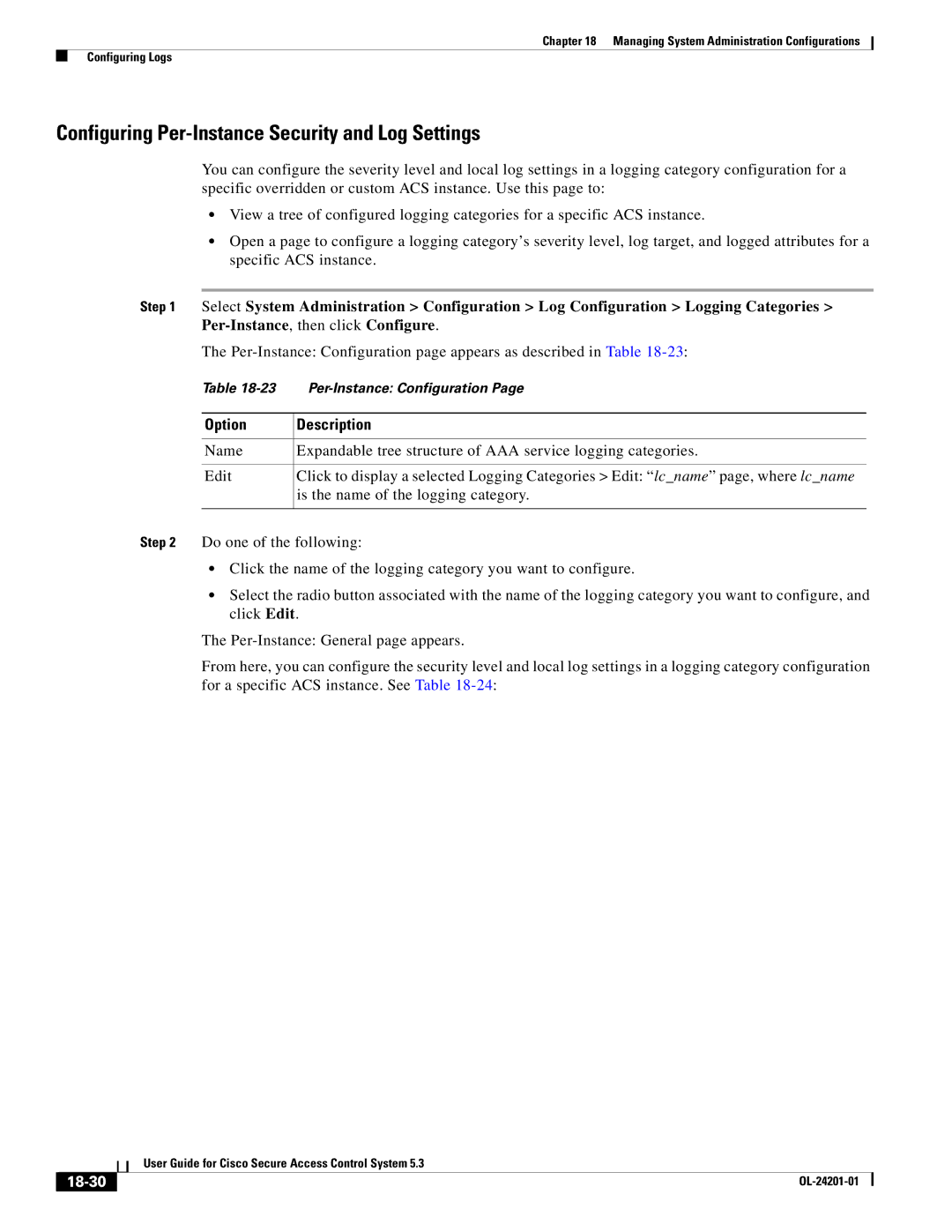 Cisco Systems OL-24201-01 manual Configuring Per-Instance Security and Log Settings, 18-30 