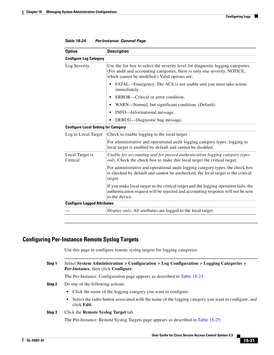 Cisco Systems OL-24201-01 manual Configuring Per-Instance Remote Syslog Targets, Configure Logged Attributes, 18-31 