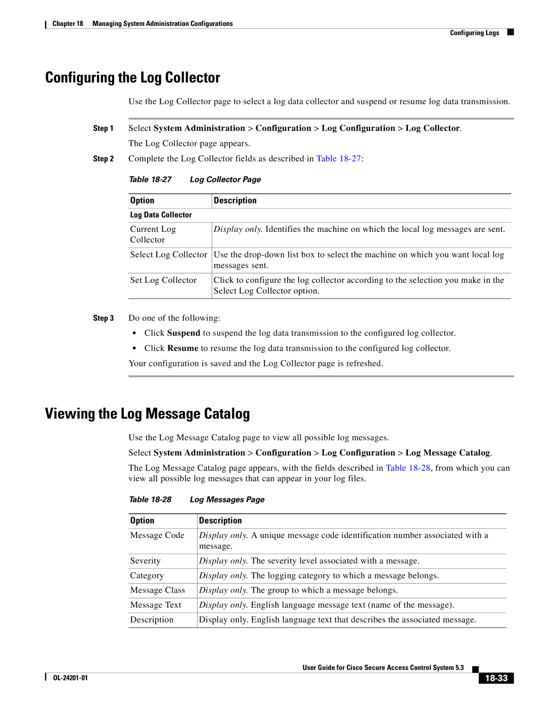 Cisco Systems OL-24201-01 manual Configuring the Log Collector, Viewing the Log Message Catalog, 18-33 