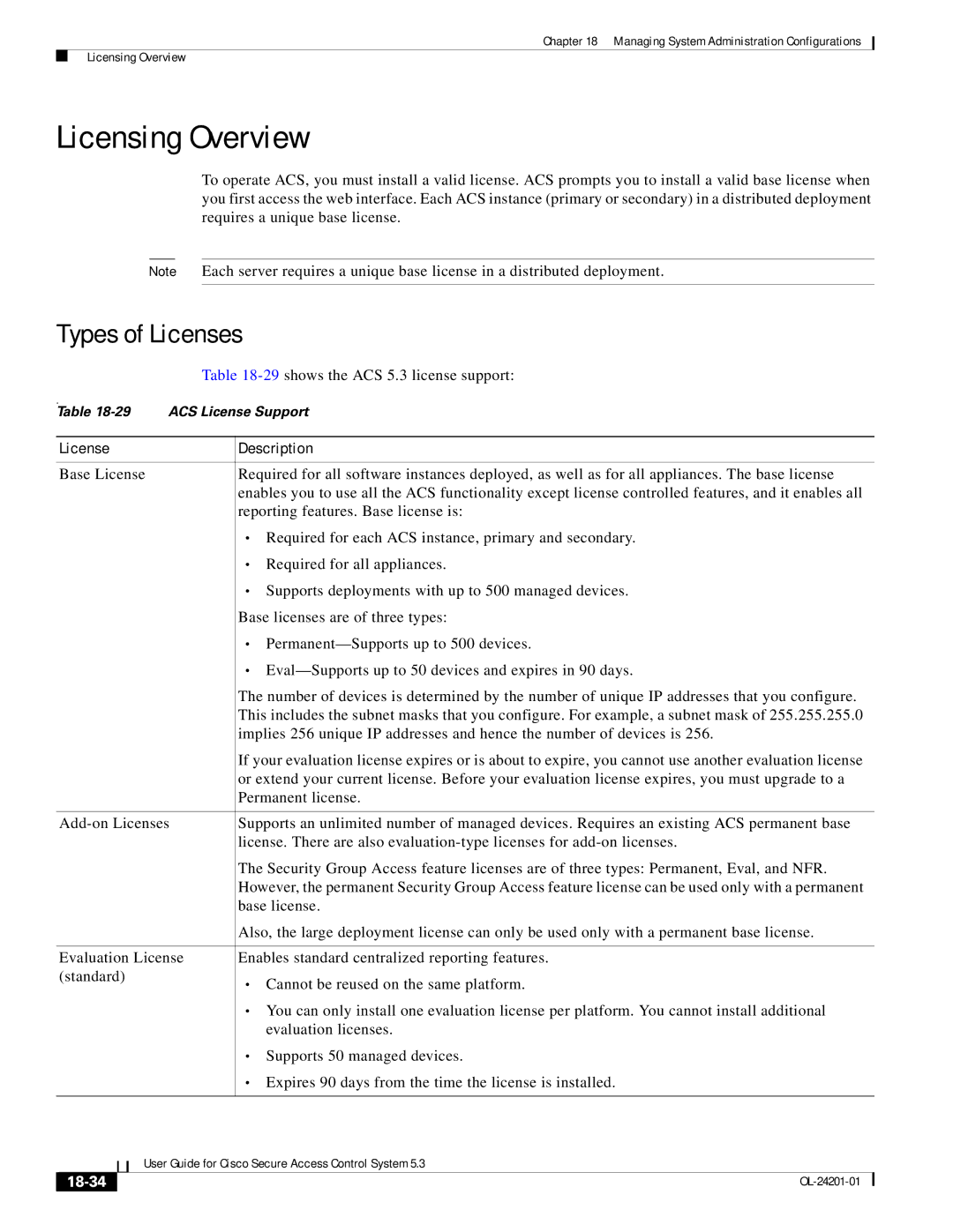 Cisco Systems OL-24201-01 manual Licensing Overview, Types of Licenses, License Description, 18-34 