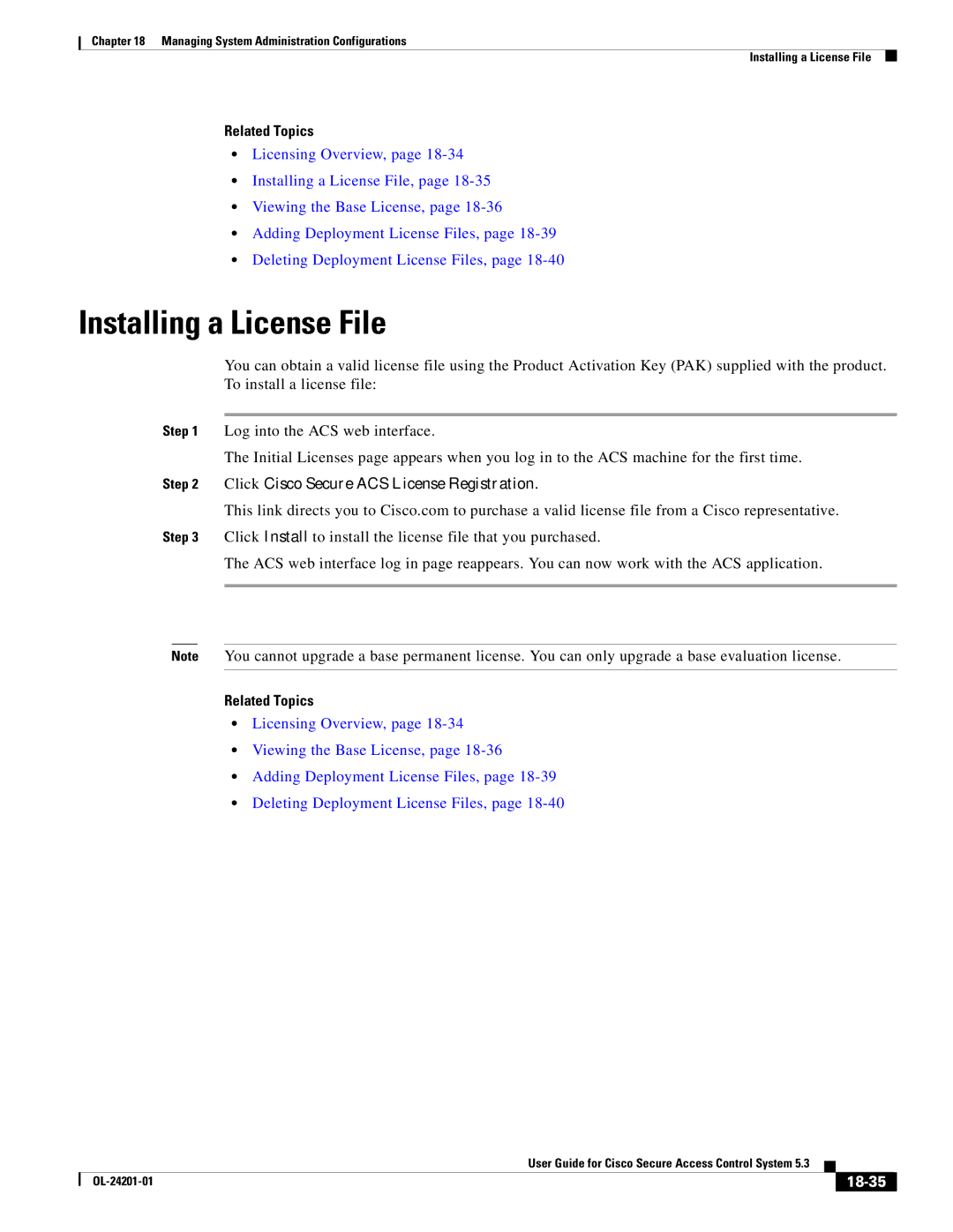 Cisco Systems OL-24201-01 manual Installing a License File, 18-35 