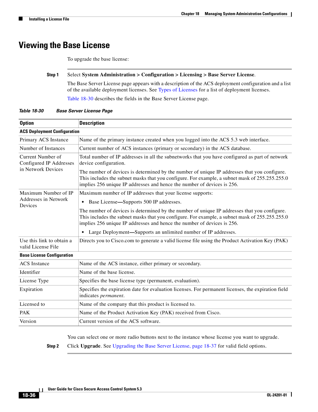 Cisco Systems OL-24201-01 manual Viewing the Base License, Pak, 18-36 