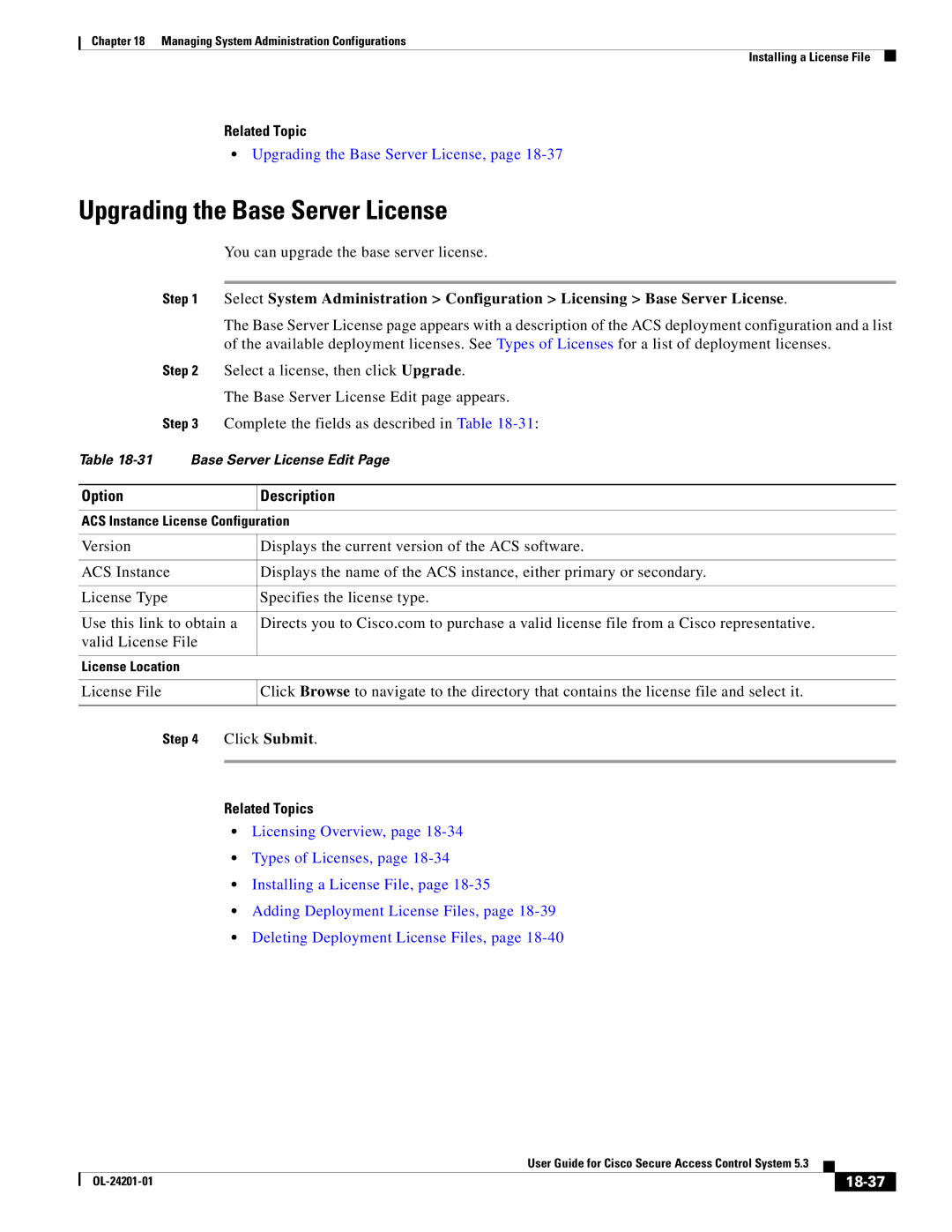 Cisco Systems OL-24201-01 manual Upgrading the Base Server License, 18-37 