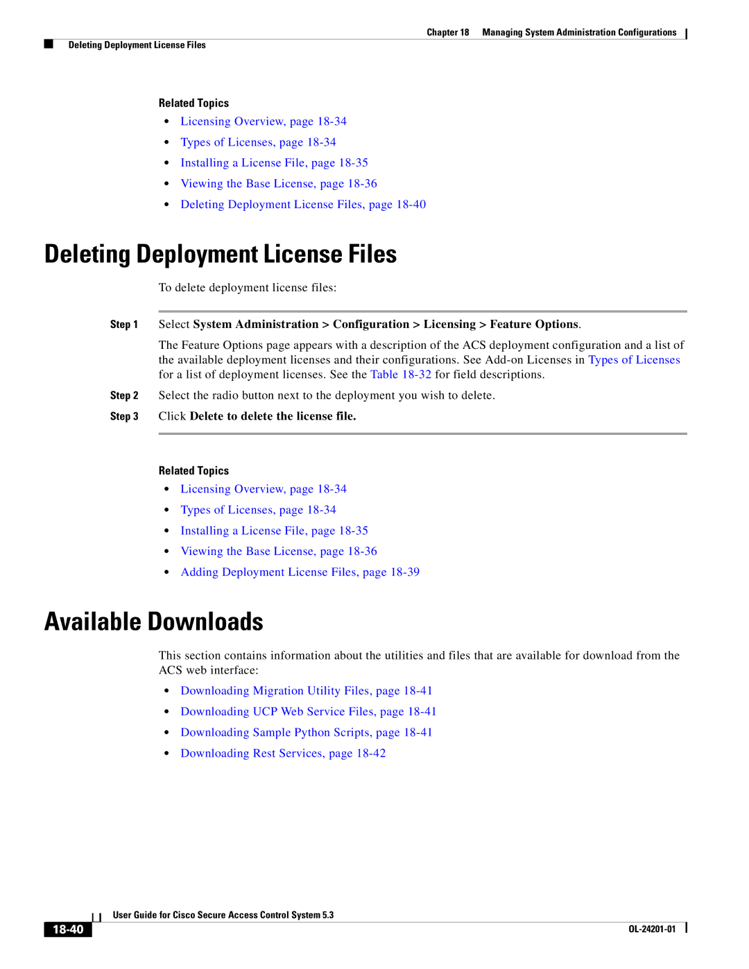 Cisco Systems OL-24201-01 Deleting Deployment License Files, Available Downloads, Click Delete to delete the license file 