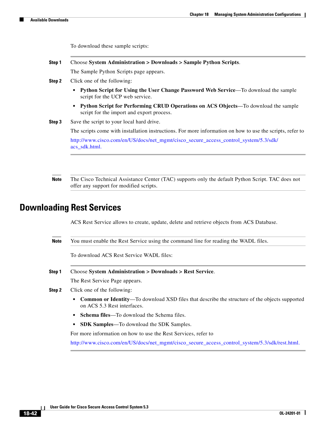 Cisco Systems OL-24201-01 manual Downloading Rest Services, Choose System Administration Downloads Rest Service, 18-42 