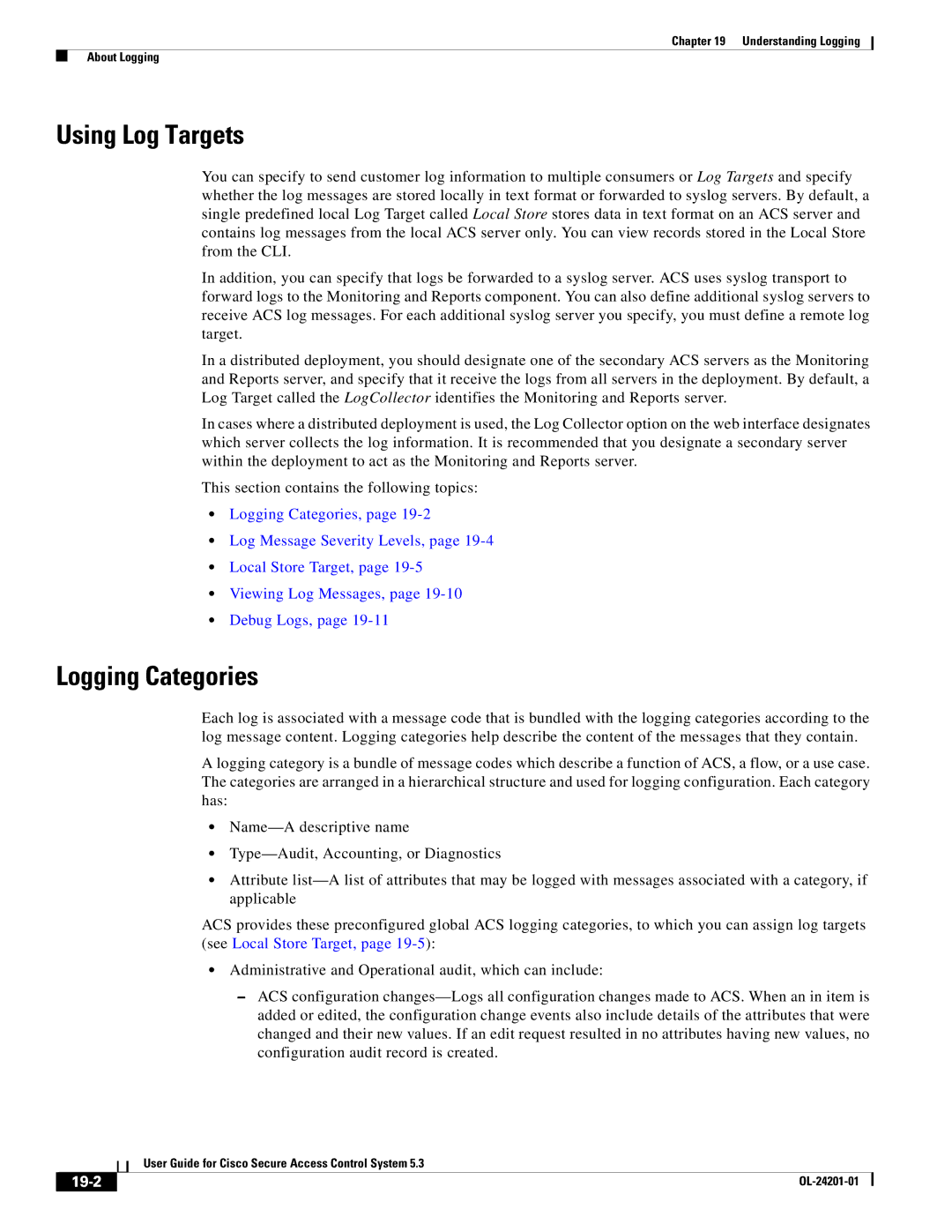 Cisco Systems OL-24201-01 manual Using Log Targets, Logging Categories, 19-2 