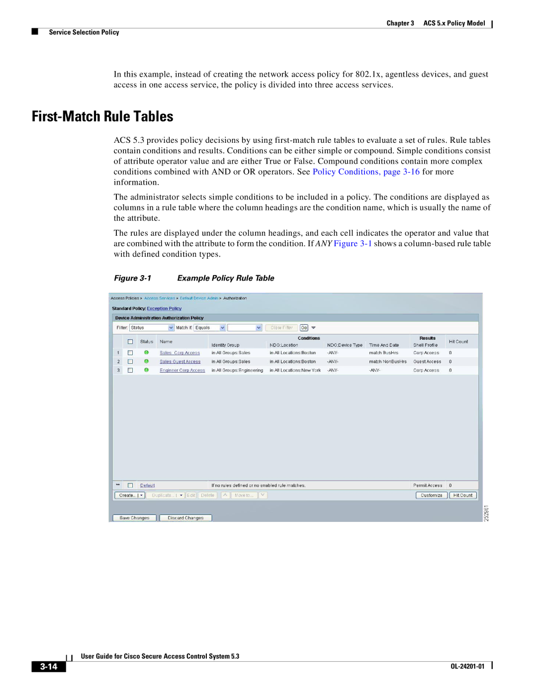 Cisco Systems OL-24201-01 manual First-Match Rule Tables, Example Policy Rule Table 