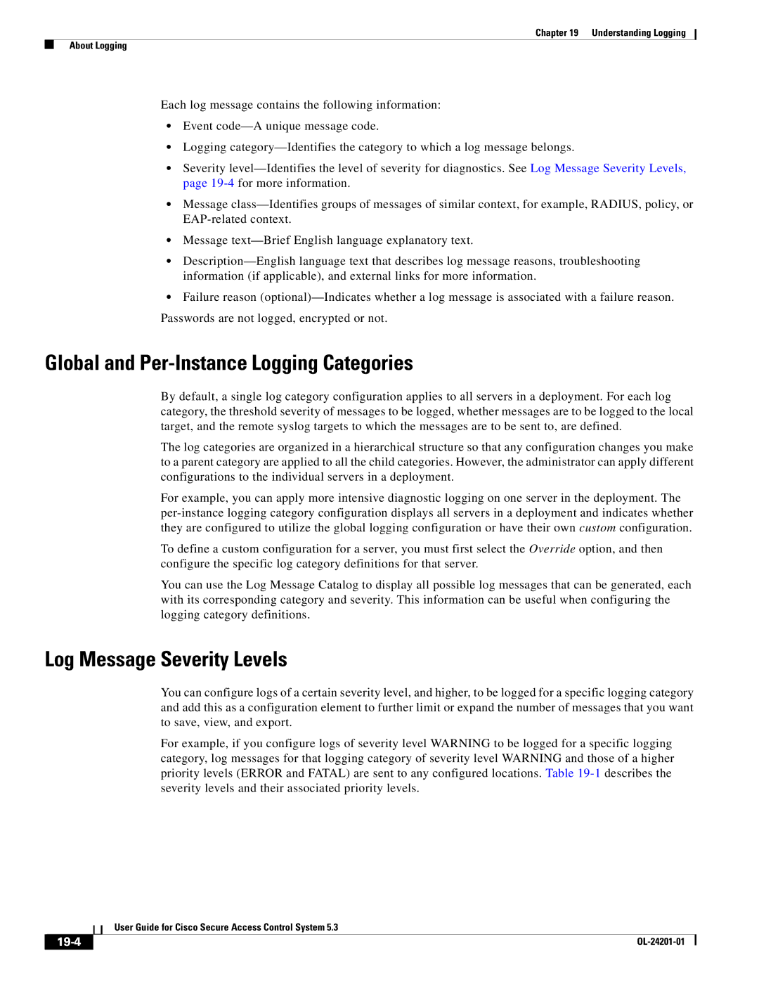 Cisco Systems OL-24201-01 manual Global and Per-Instance Logging Categories, Log Message Severity Levels, 19-4 