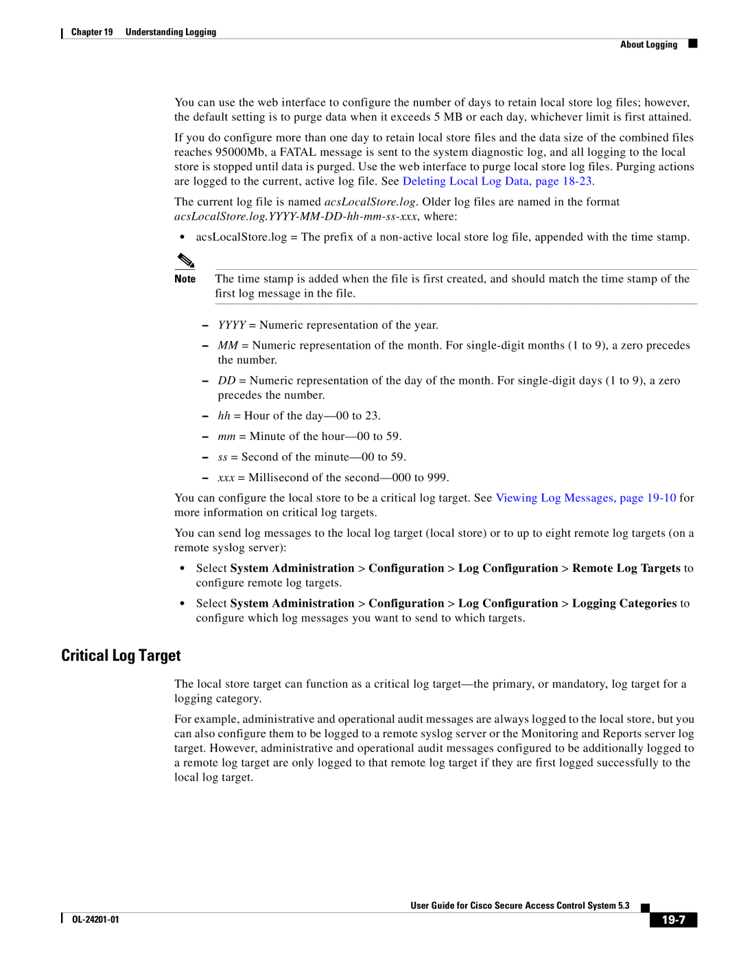 Cisco Systems OL-24201-01 manual Critical Log Target, 19-7 