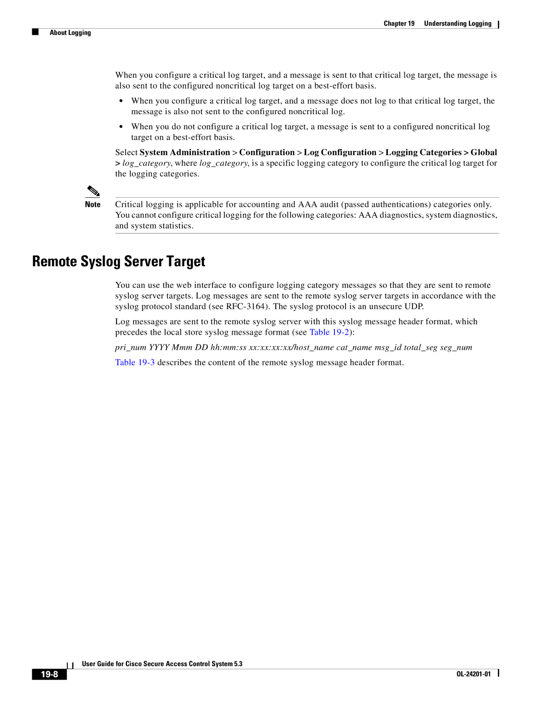 Cisco Systems OL-24201-01 manual Remote Syslog Server Target, 19-8 