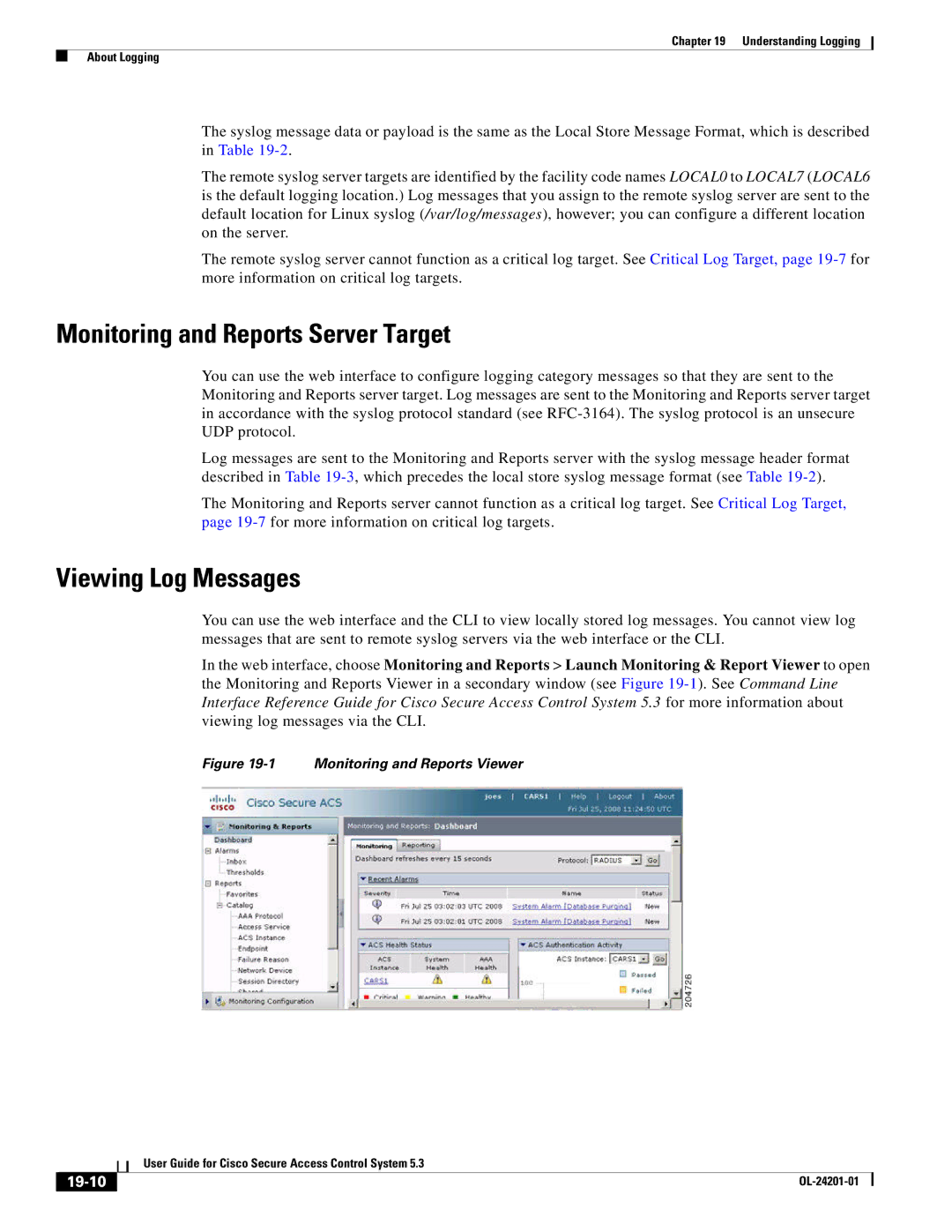 Cisco Systems OL-24201-01 manual Monitoring and Reports Server Target, Viewing Log Messages, 19-10 