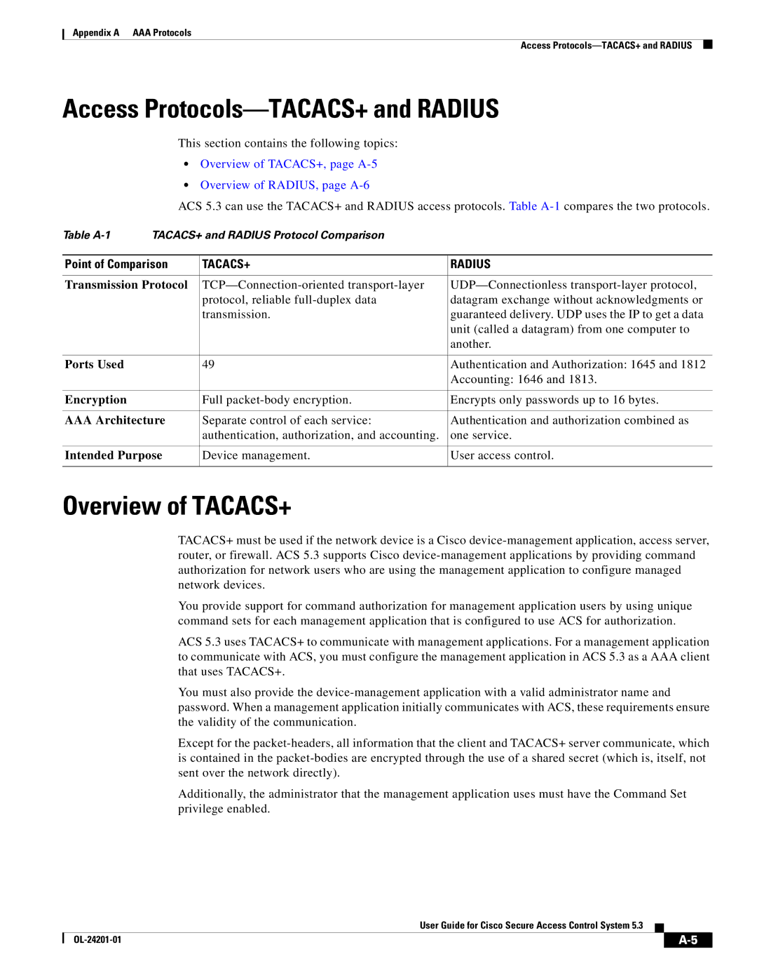 Cisco Systems OL-24201-01 manual Access Protocols-TACACS+ and Radius, Overview of TACACS+, Point of Comparison 