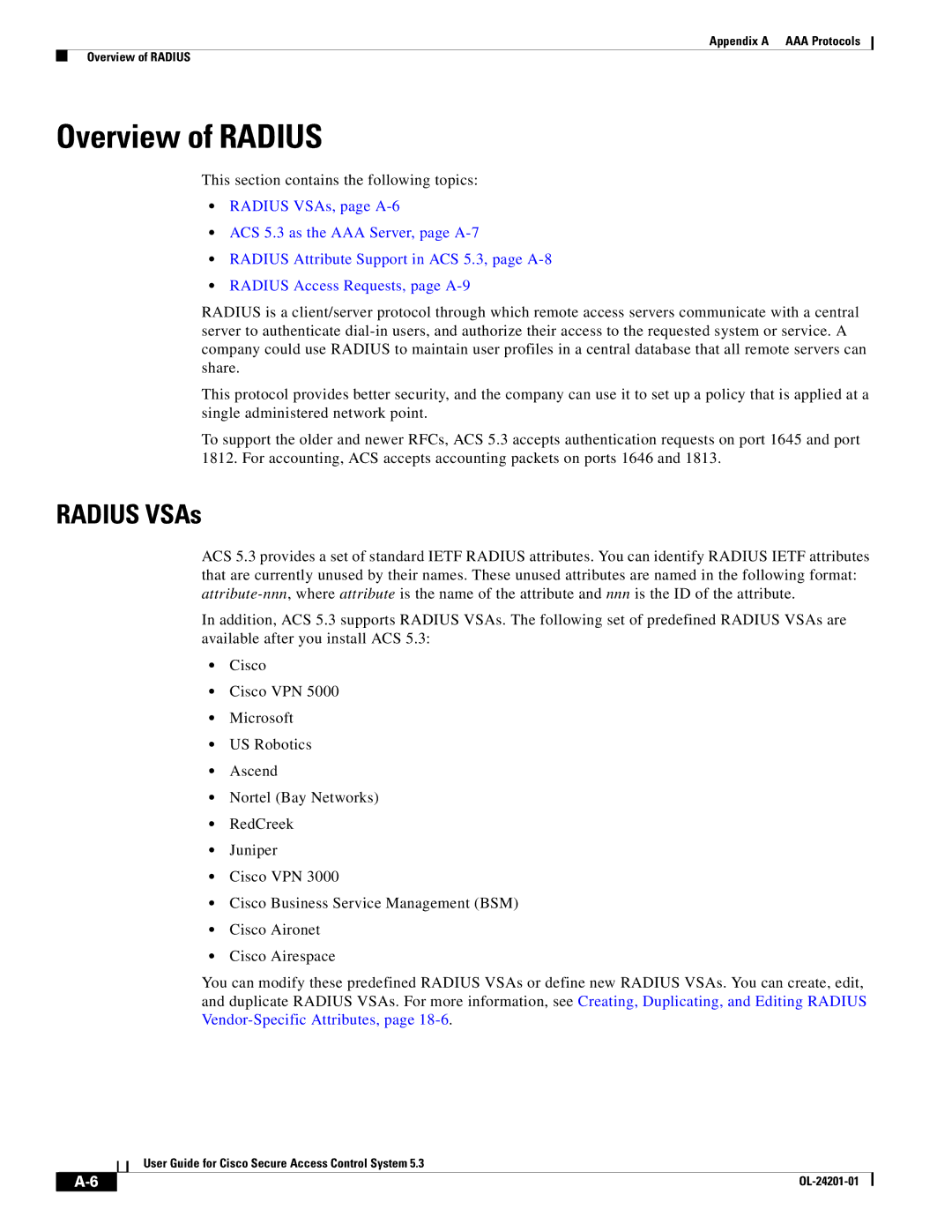 Cisco Systems OL-24201-01 manual Overview of Radius, Radius VSAs 