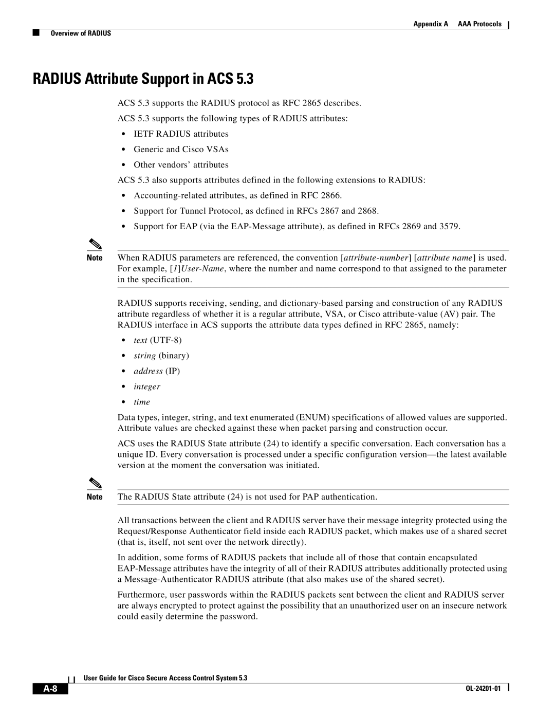 Cisco Systems OL-24201-01 manual Radius Attribute Support in ACS, Address IP Integer Time 