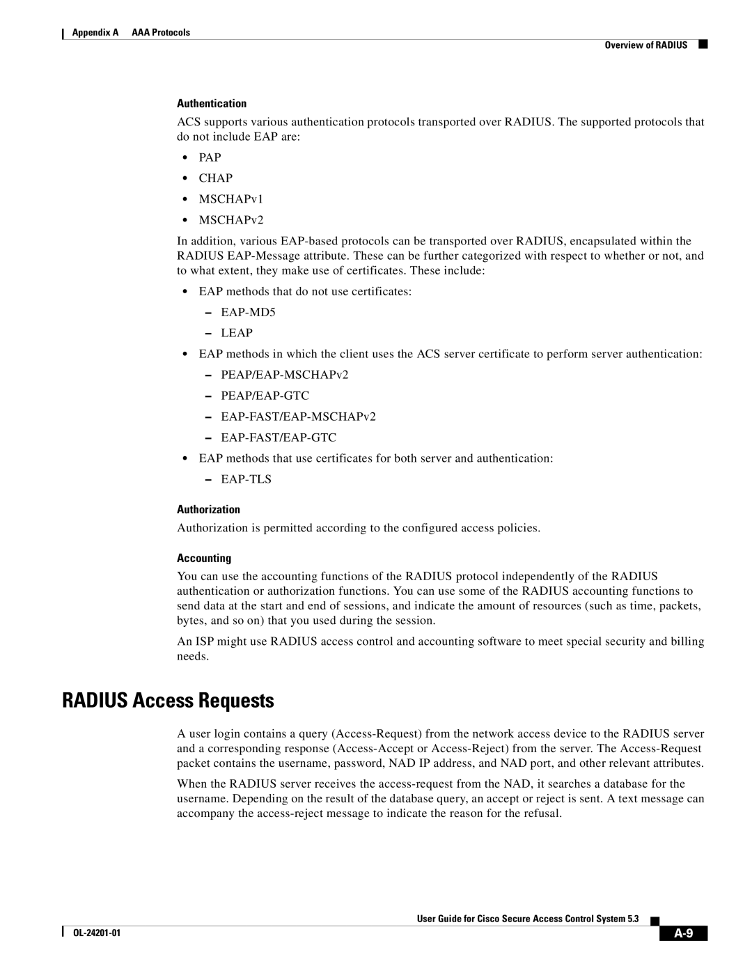 Cisco Systems OL-24201-01 manual Radius Access Requests, Authentication, Authorization, Accounting 