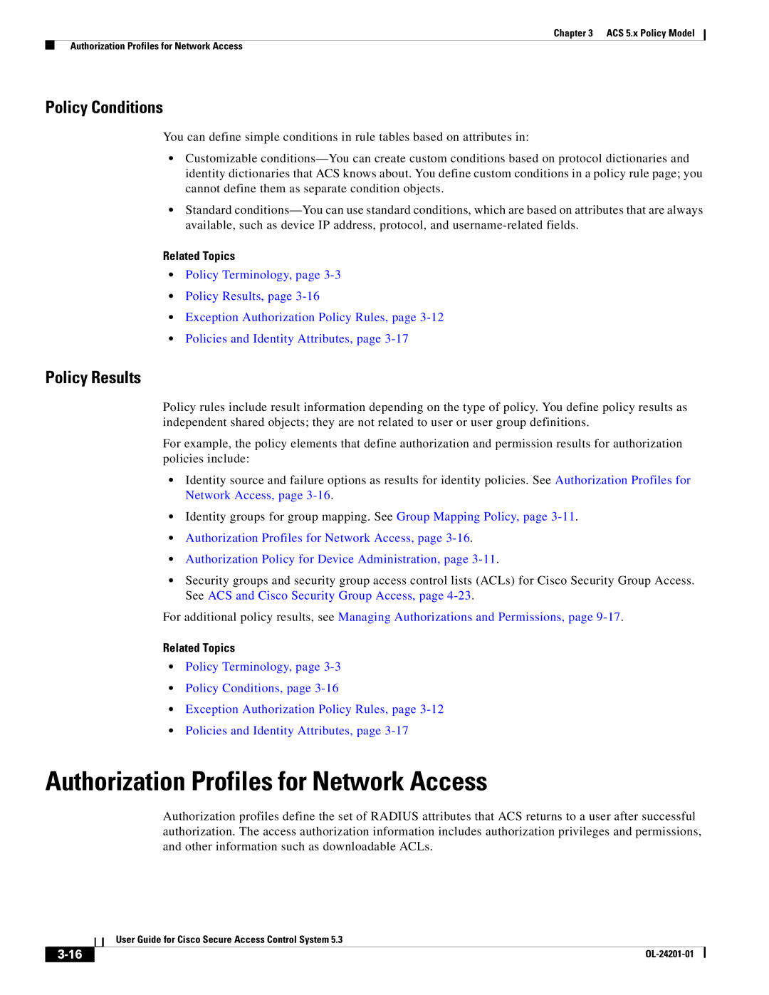 Cisco Systems OL-24201-01 manual Authorization Profiles for Network Access, Policy Conditions, Policy Results 