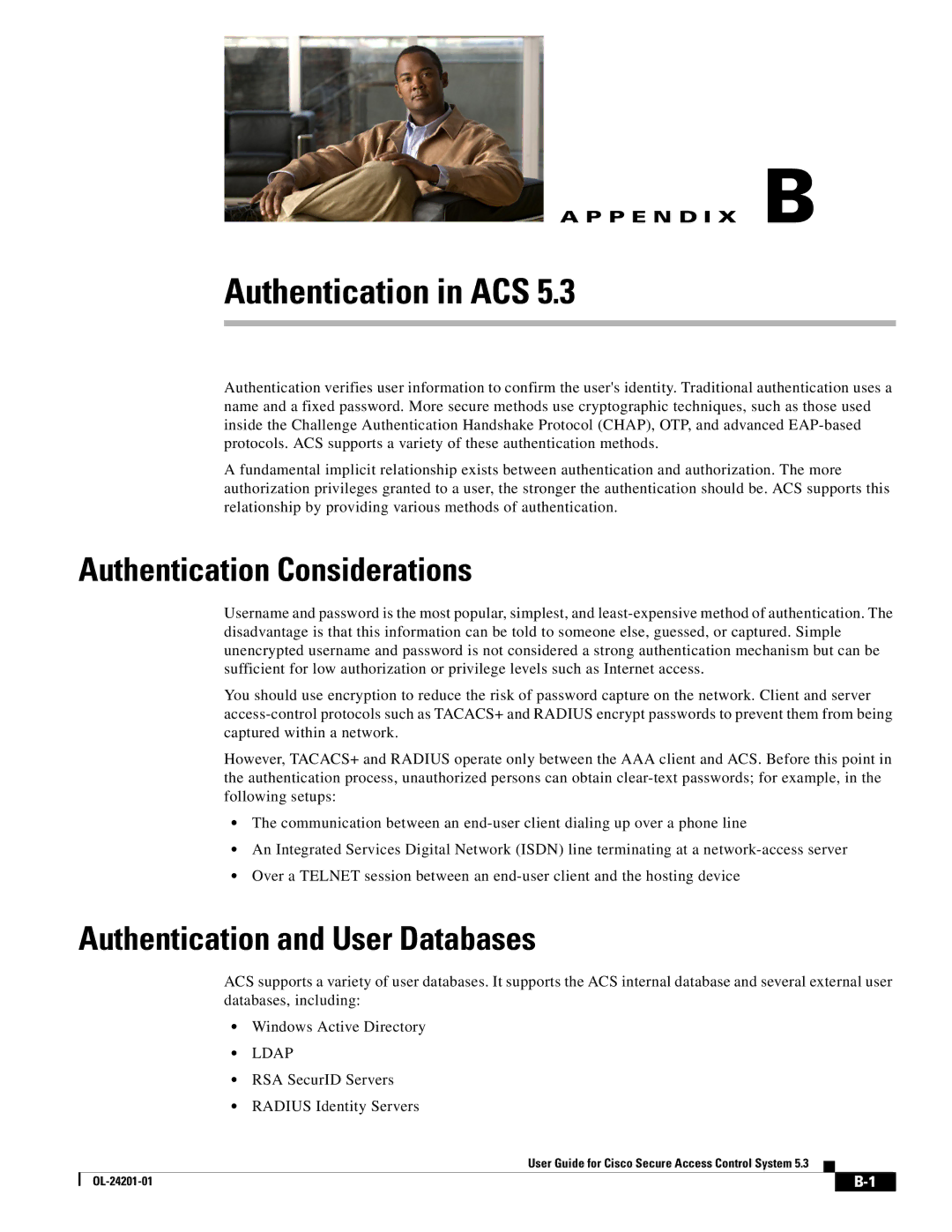 Cisco Systems OL-24201-01 manual Authentication Considerations, Authentication and User Databases 