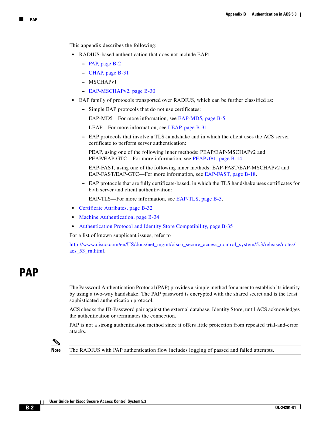 Cisco Systems OL-24201-01 manual PAP, page B-2 CHAP, page B-31, EAP-MSCHAPv2, page B-30 