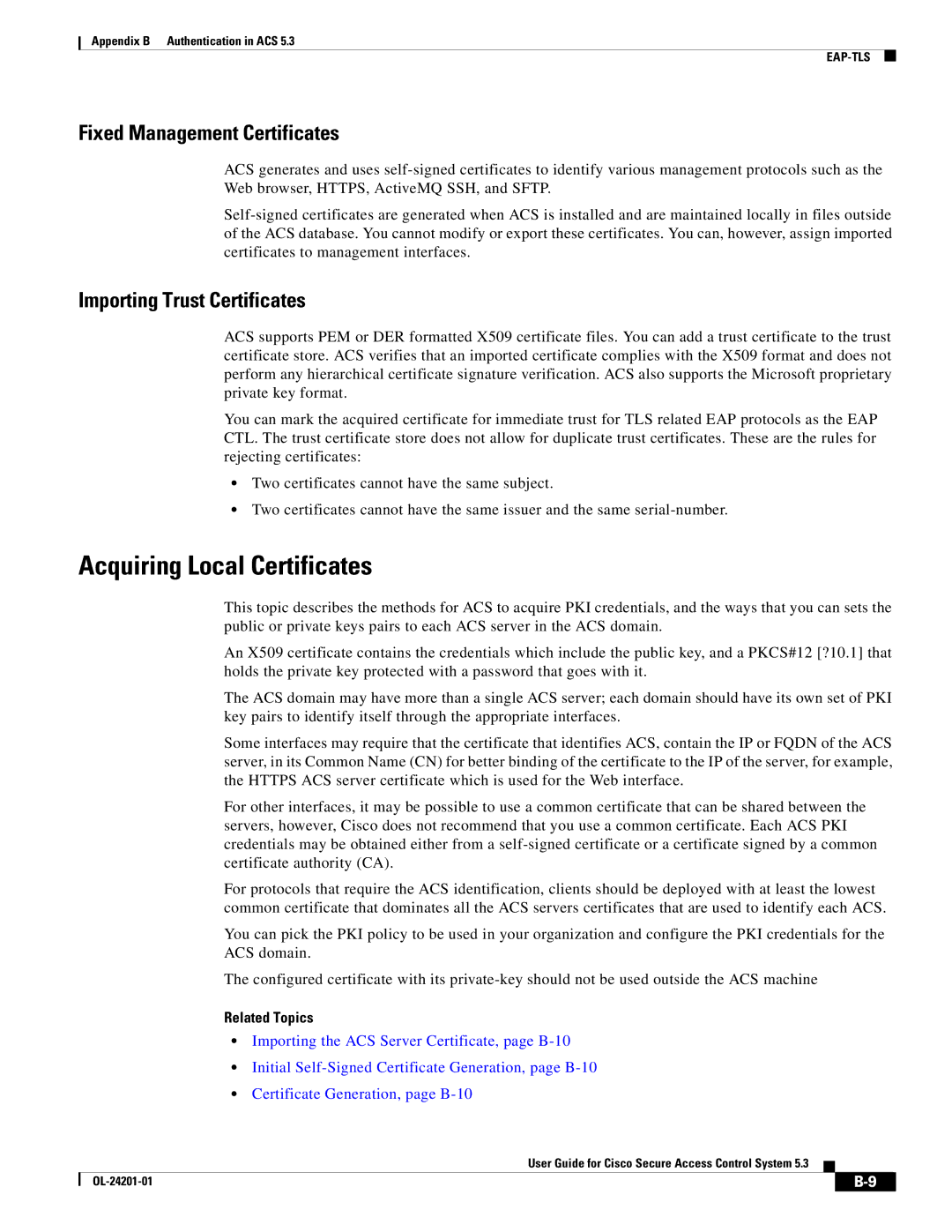 Cisco Systems OL-24201-01 manual Acquiring Local Certificates, Fixed Management Certificates, Importing Trust Certificates 