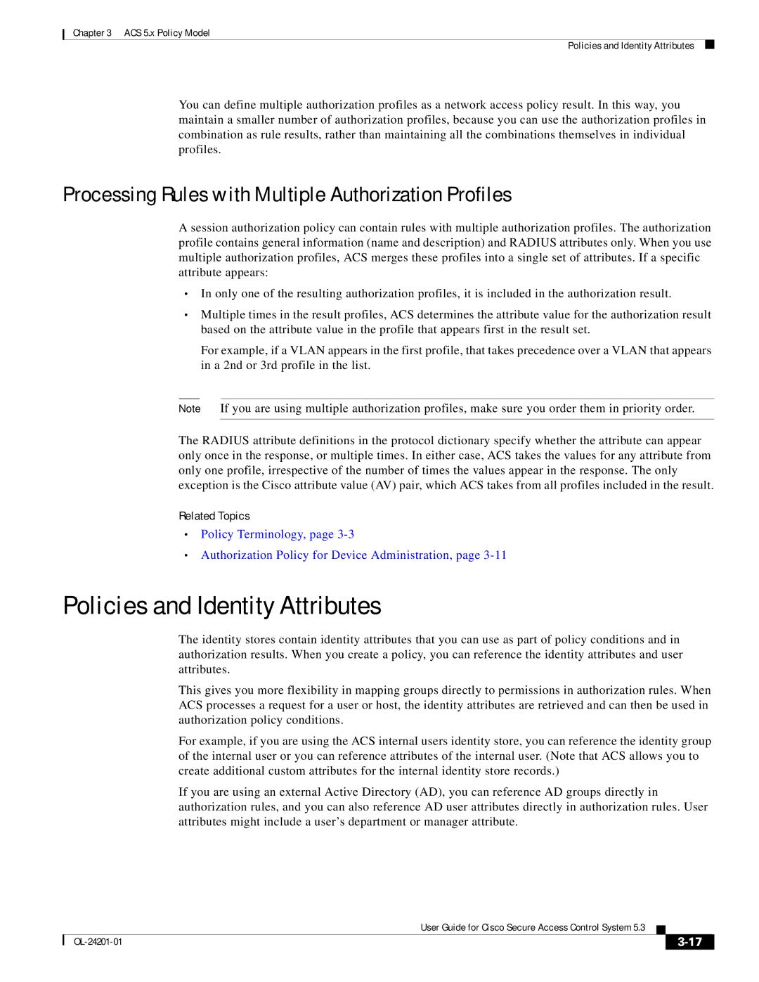 Cisco Systems OL-24201-01 manual Policies and Identity Attributes, Processing Rules with Multiple Authorization Profiles 