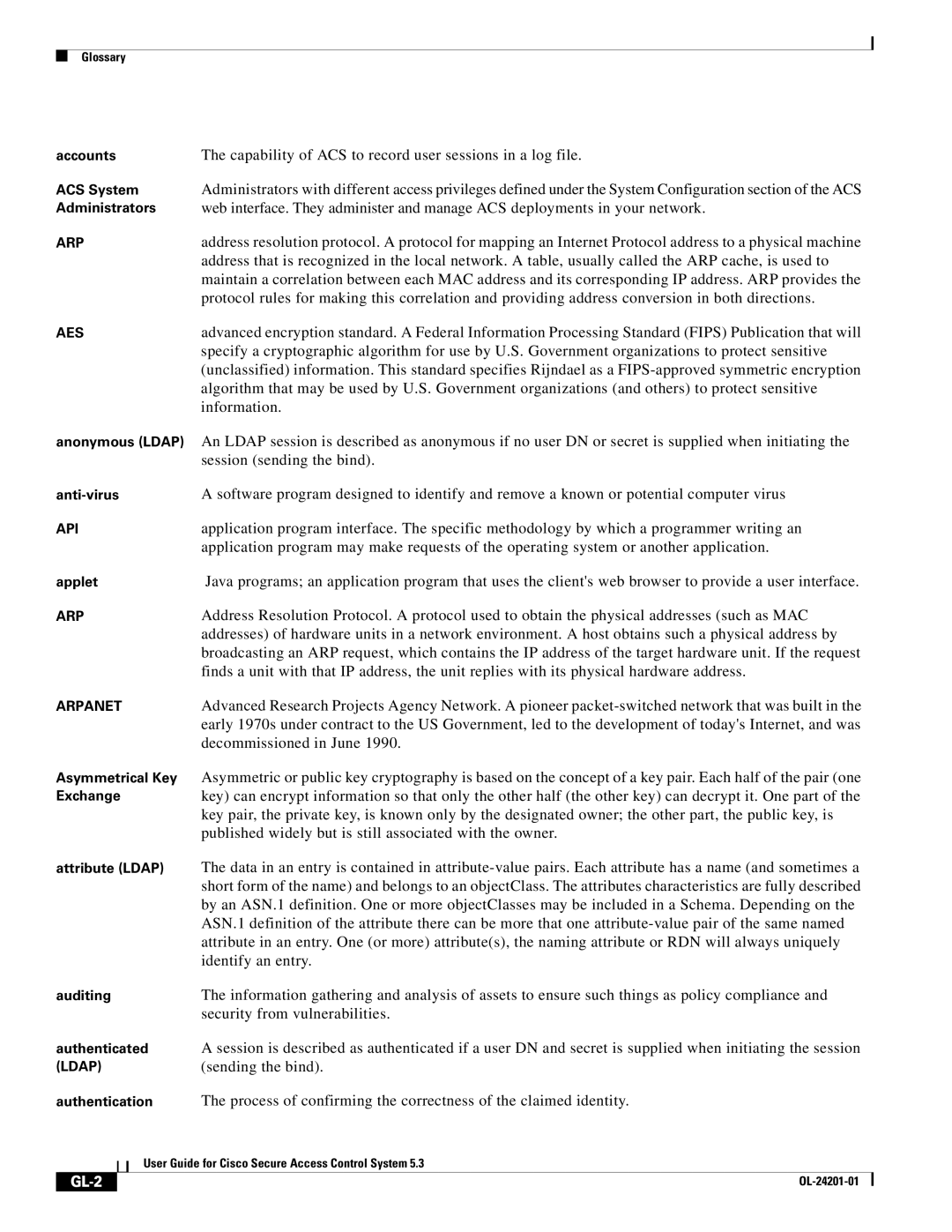 Cisco Systems OL-24201-01 manual Capability of ACS to record user sessions in a log file, GL-2 