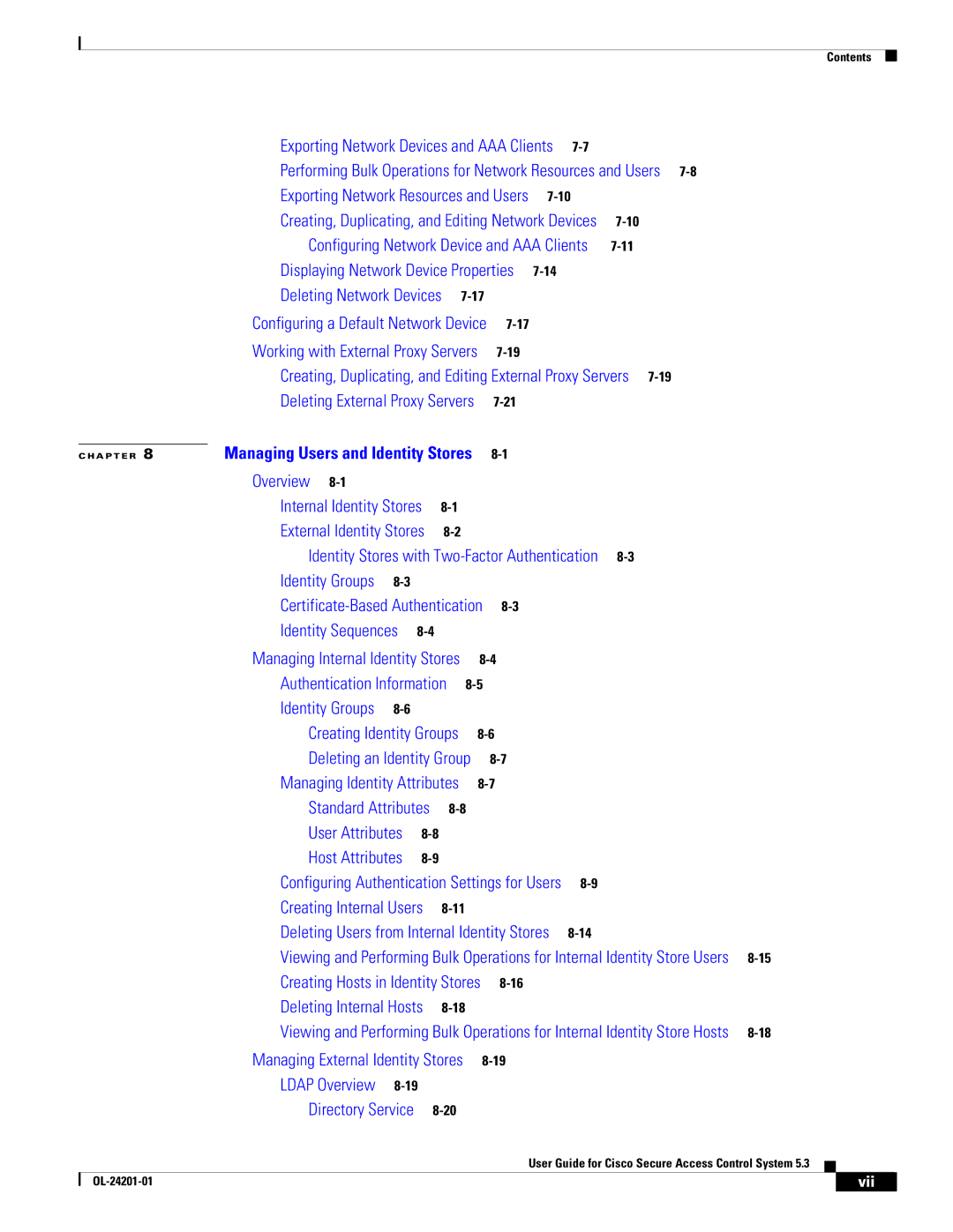 Cisco Systems OL-24201-01 manual Exporting Network Devices and AAA Clients, Vii 