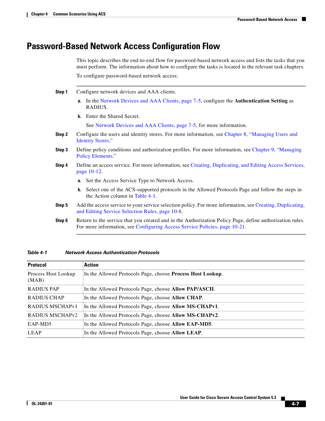 Cisco Systems OL-24201-01 Password-Based Network Access Configuration Flow, Protocol Action, MAB Radius PAP, Radius Chap 