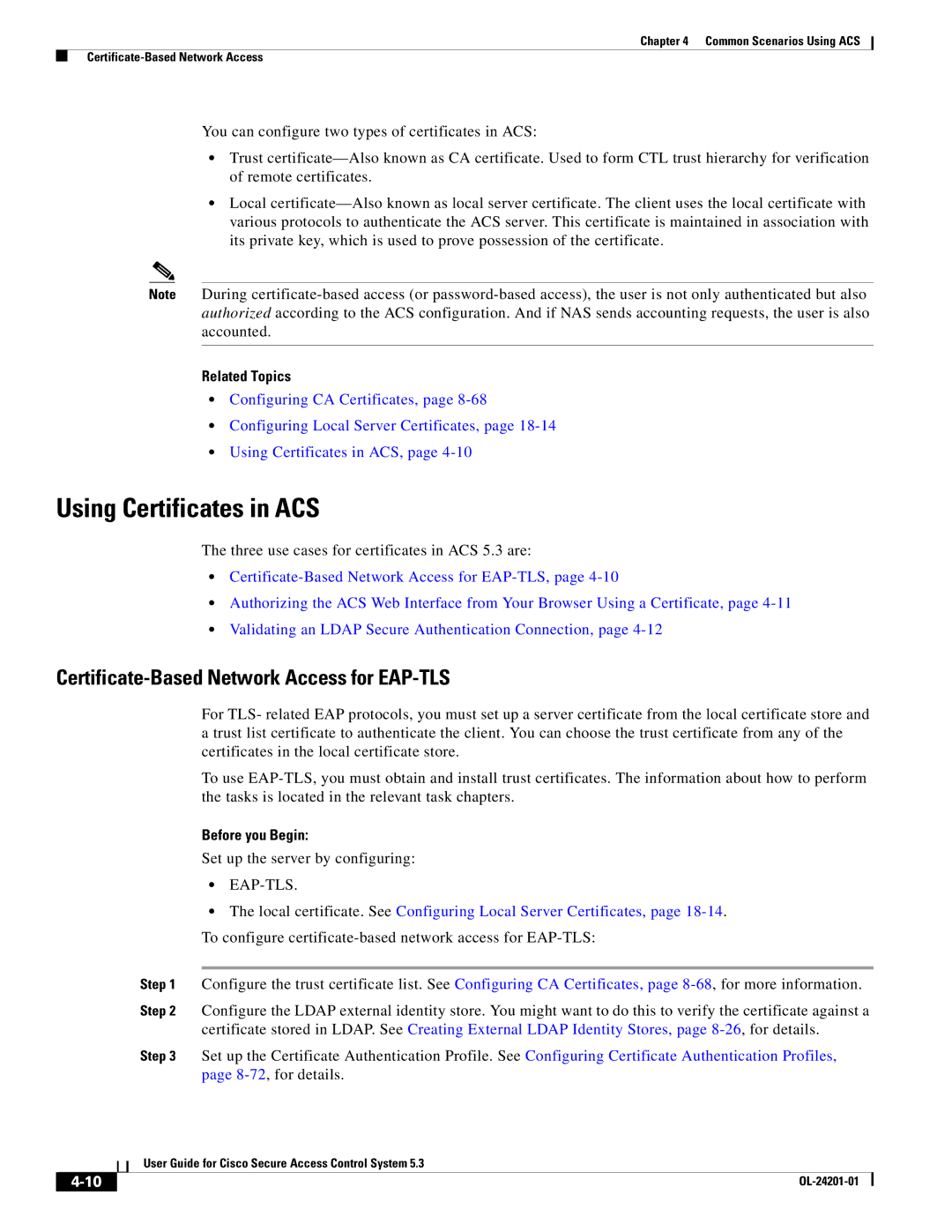 Cisco Systems OL-24201-01 manual Using Certificates in ACS, Certificate-Based Network Access for EAP-TLS, Before you Begin 