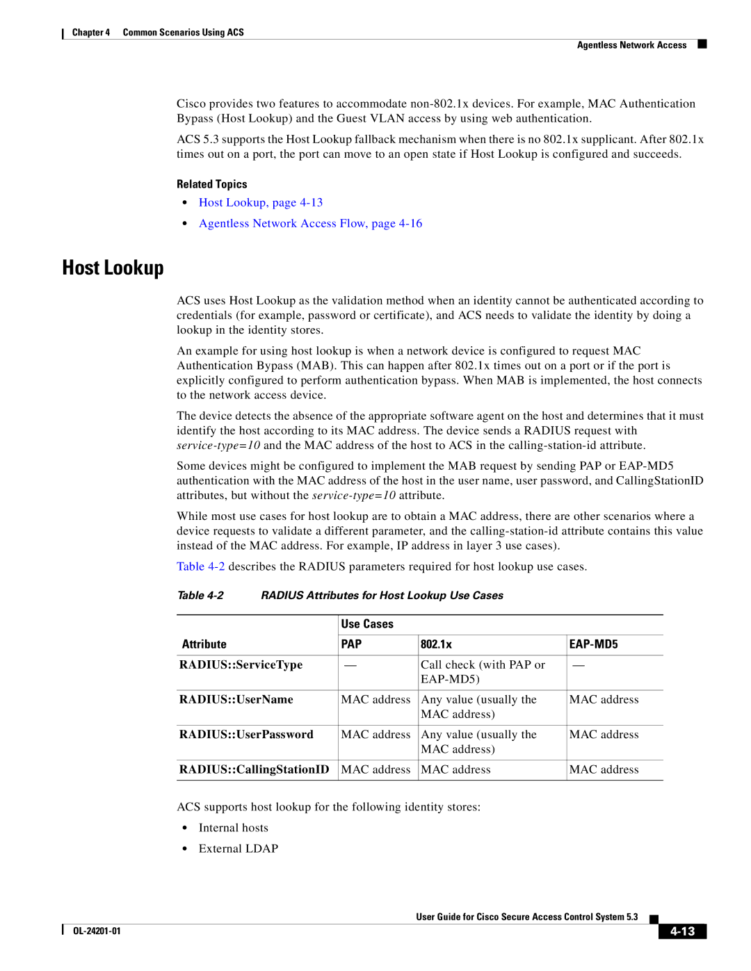 Cisco Systems OL-24201-01 manual Host Lookup, Use Cases Attribute, 802.1x 