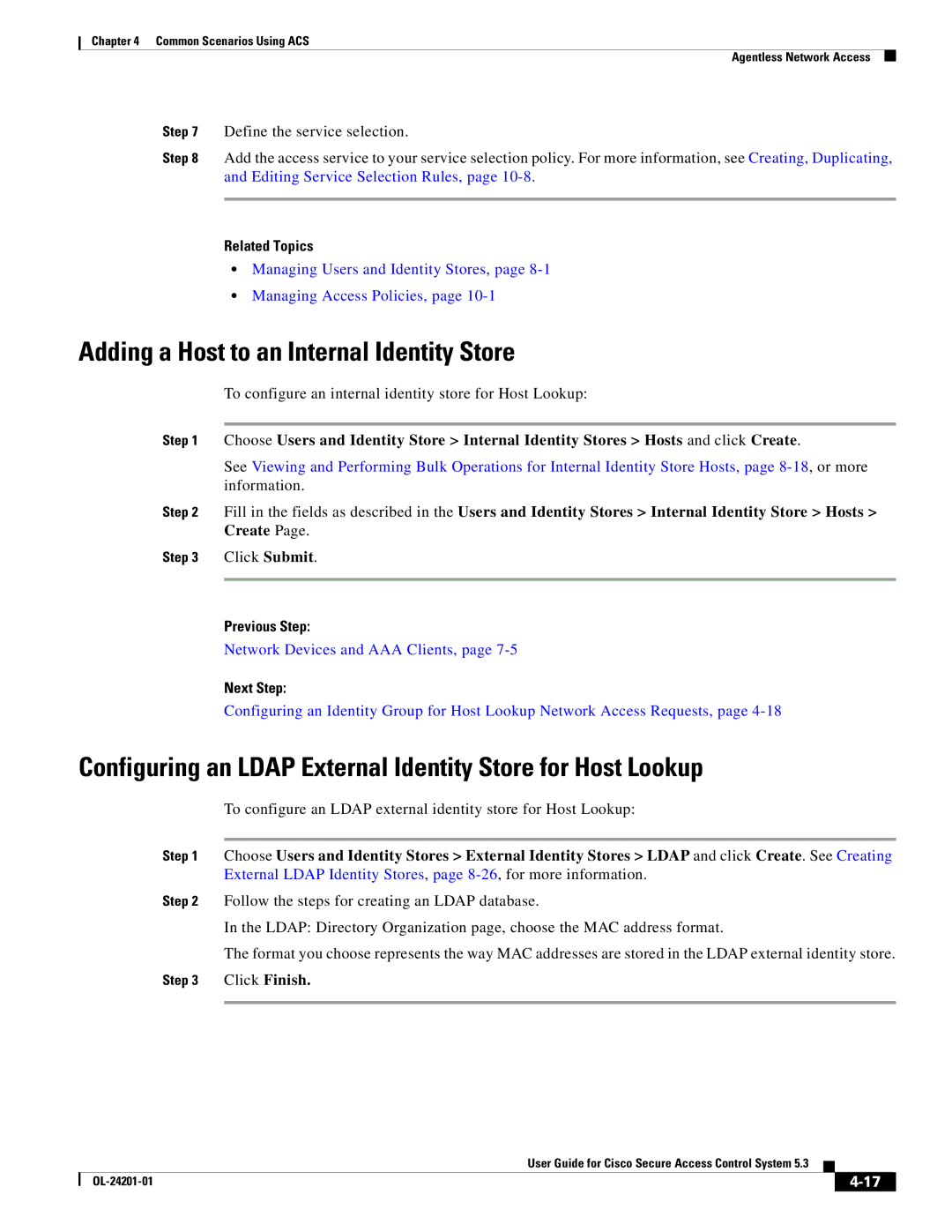 Cisco Systems OL-24201-01 manual Adding a Host to an Internal Identity Store, Previous Step, Next Step 