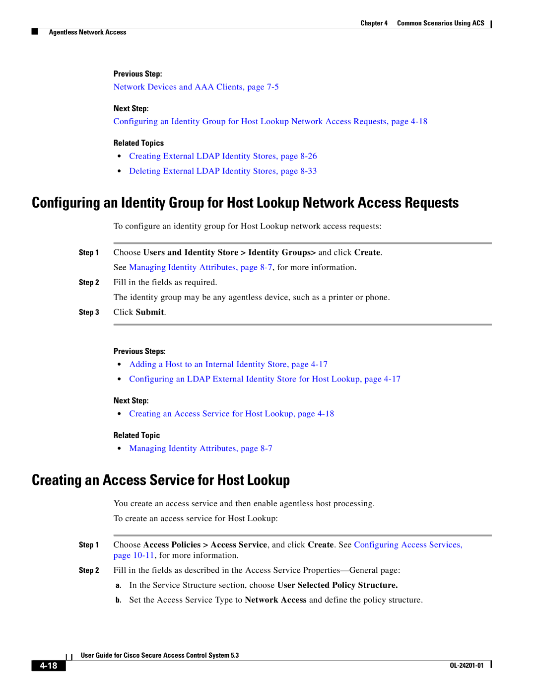 Cisco Systems OL-24201-01 manual Creating an Access Service for Host Lookup, Previous Steps, Managing Identity Attributes 