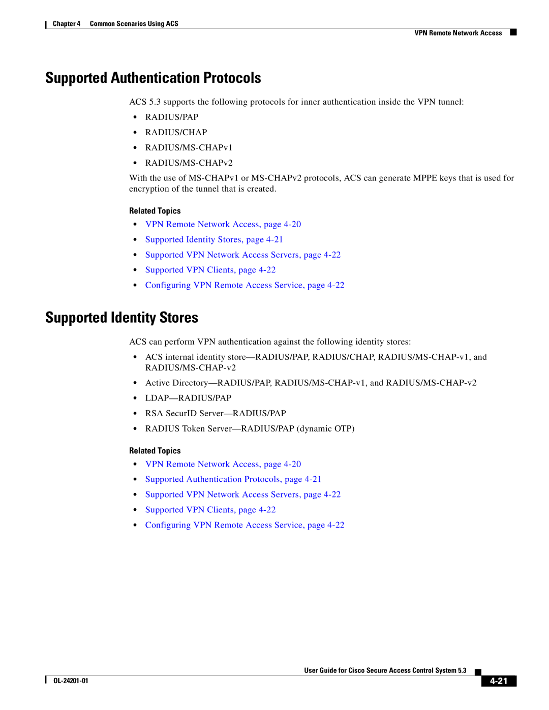 Cisco Systems OL-24201-01 manual Supported Authentication Protocols, Supported Identity Stores, Radius/Pap Radius/Chap 