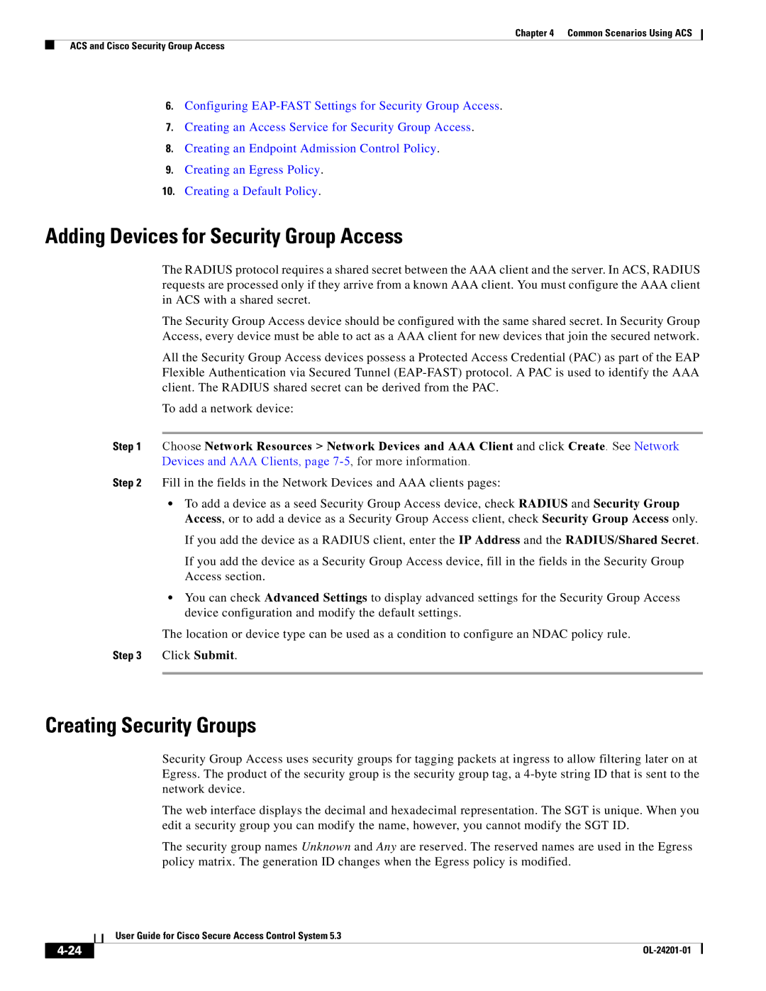 Cisco Systems OL-24201-01 manual Adding Devices for Security Group Access, Creating Security Groups 